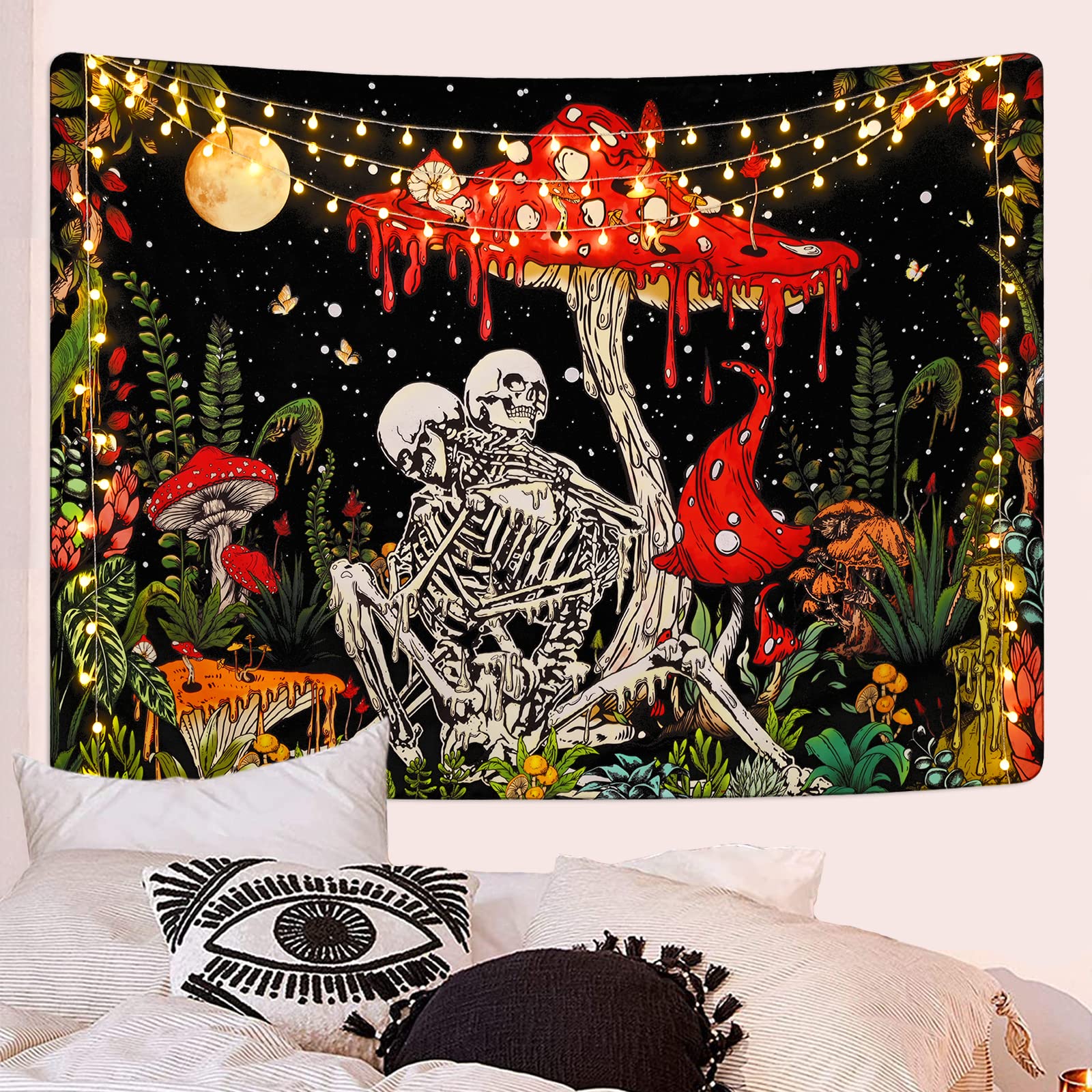 Uspring Skull Mushroom Tapestry - Gothic Galaxy Wall Hanging with Skeleton & Moon Design for Hippie Bedroom Decor (70.9