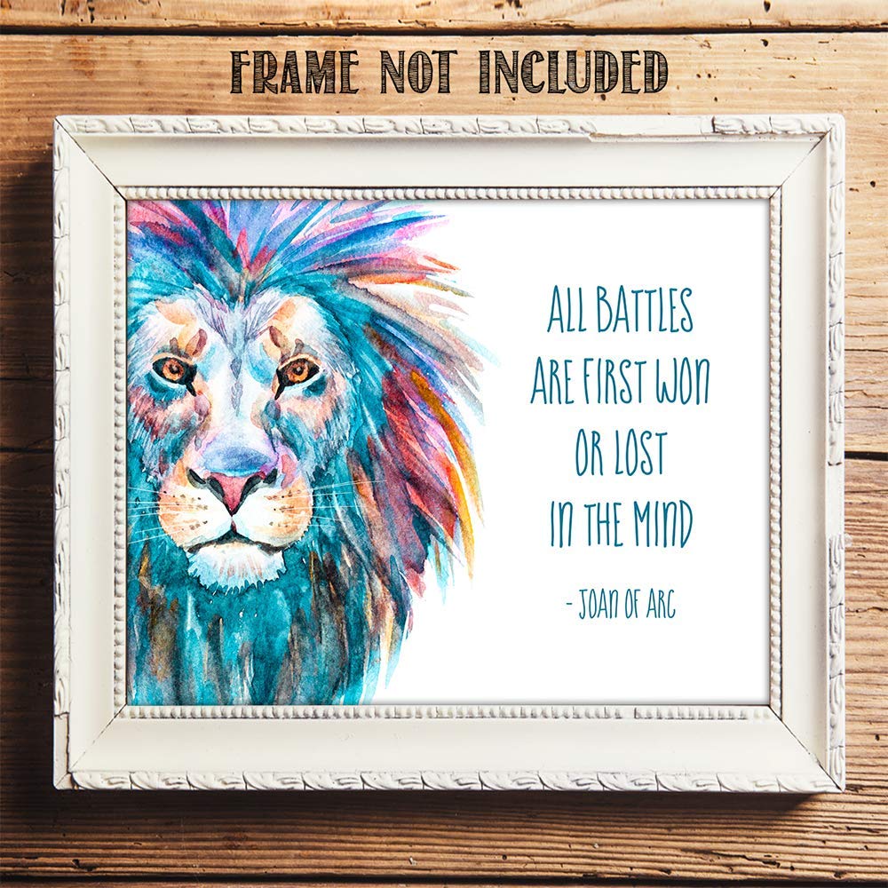 TJ Originals - 'All Battles Are First Won or Lost in the Mind' Joan of Arc Christian Bible Quote Wall Art Print - 11x14 Inspirational Scripture Decor for Home, Office & Church - Motivational Gift for Family & Friends (Brave Lion Design)