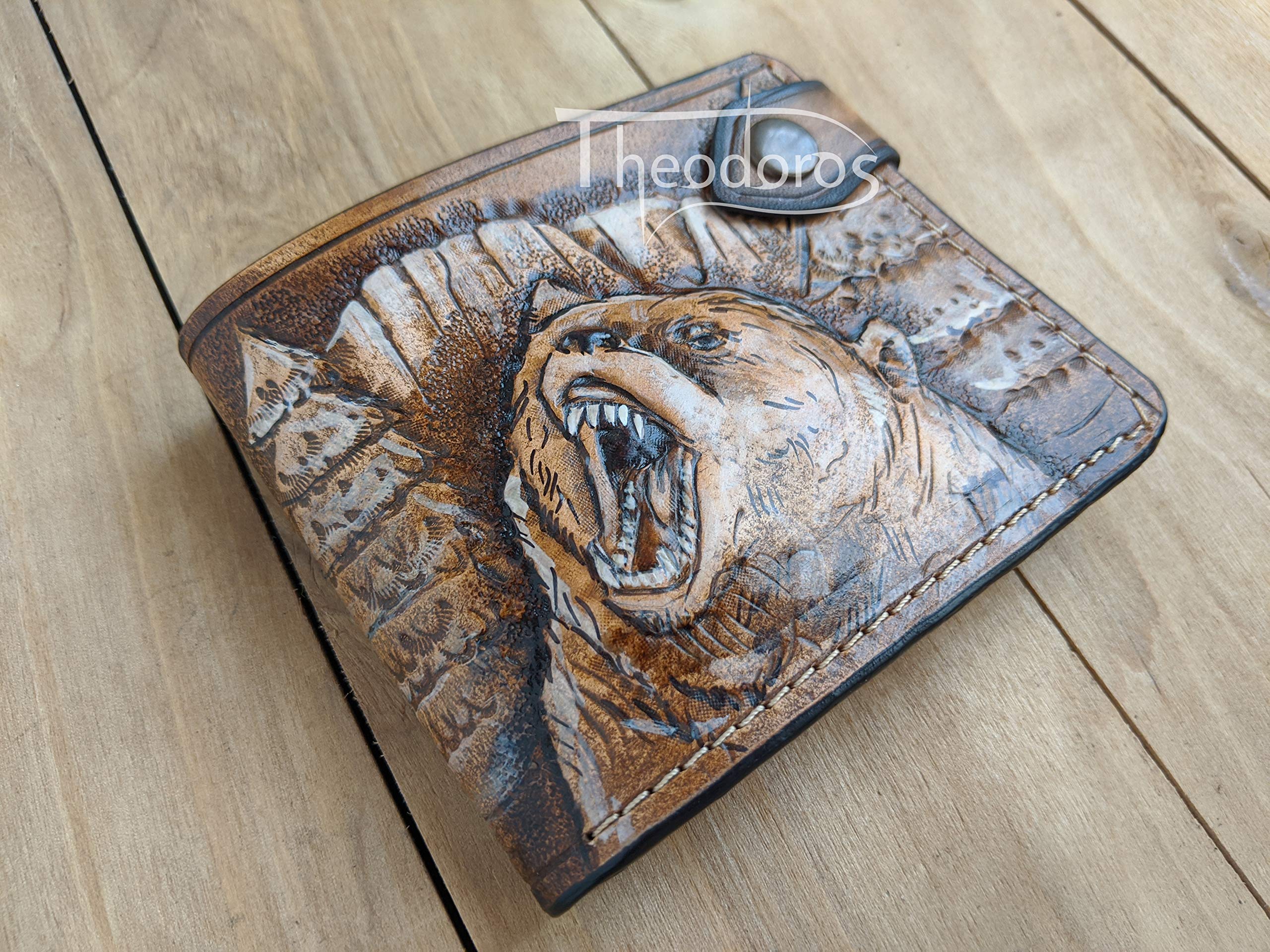 Grizzly Bear Forest Hunter Hunting Mens 3D Genuine Leather Bifold Wallet - Handmade Carved Tooled Airbrush Art Custom Personalized Gift for Outdoorsmen (Camping, Hiking, Fishing)