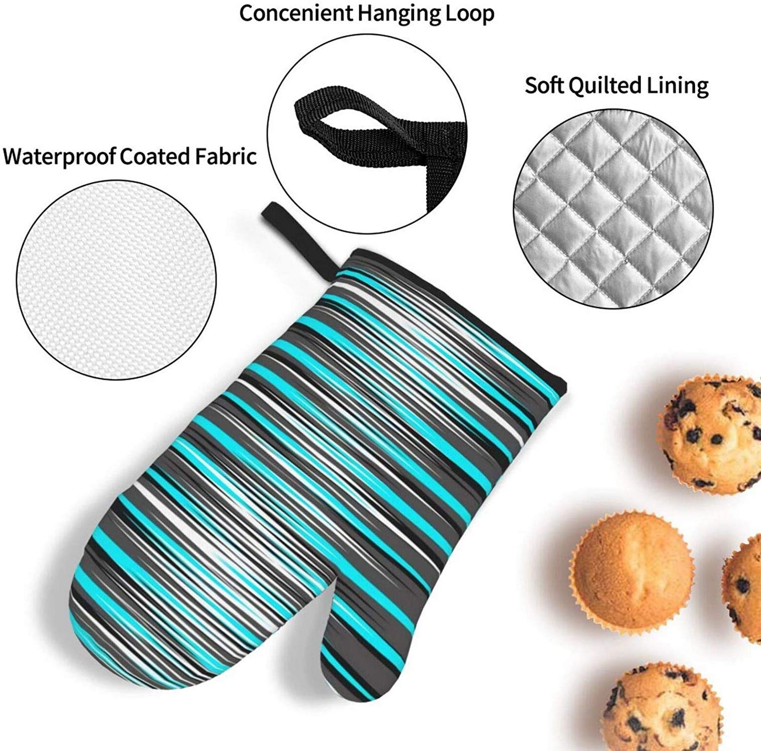 4-Piece Teal Grey White & Black Striped Oven Mitts and Pot Holders Set - Heat Resistant Kitchen Gloves with Non-Slip Hot Pads for BBQ, Baking, Cooking - Perfect for Grilling, Roasting, and Handling Hot Dishes