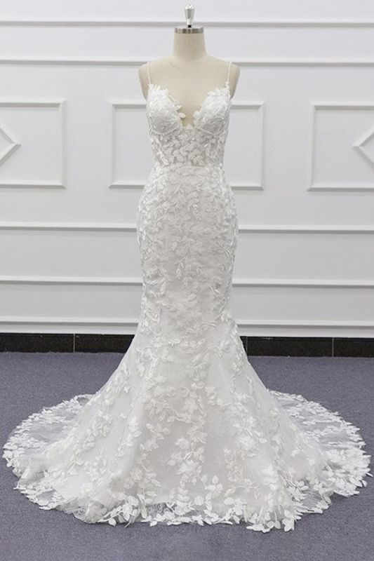Elegant Long Mermaid Lace Beach Wedding Dress with Spaghetti Straps - Perfect for Beach Weddings, Destination Elopements & Romantic Photoshoots