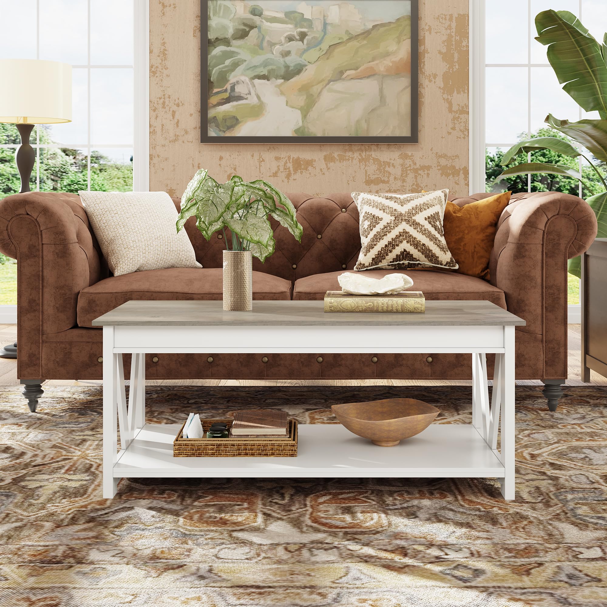 43 Inch Farmhouse Coffee Table with Storage Shelf & V-Shaped Support - Solid Wood Living Room Center Table for Bedroom, Office, Balcony - White | Rustic Home Decor, Perfect for Small Spaces & Coffee Lovers