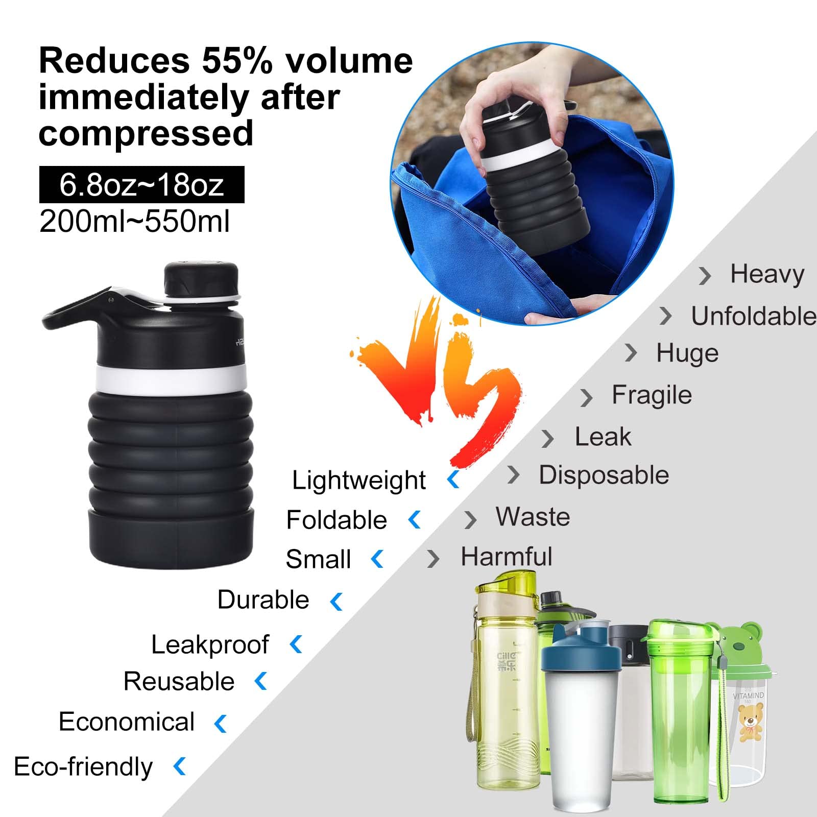 **Muslish 18oz (550ml) Collapsible Water Bottle - BPA Free Silicone, Foldable & Leak Proof - Portable Reusable Sports Water Bottle with Carabiner for Travel, Gym, Camping, Hiking (Charcoal Gray) - Stay Hydrated On-The-Go**