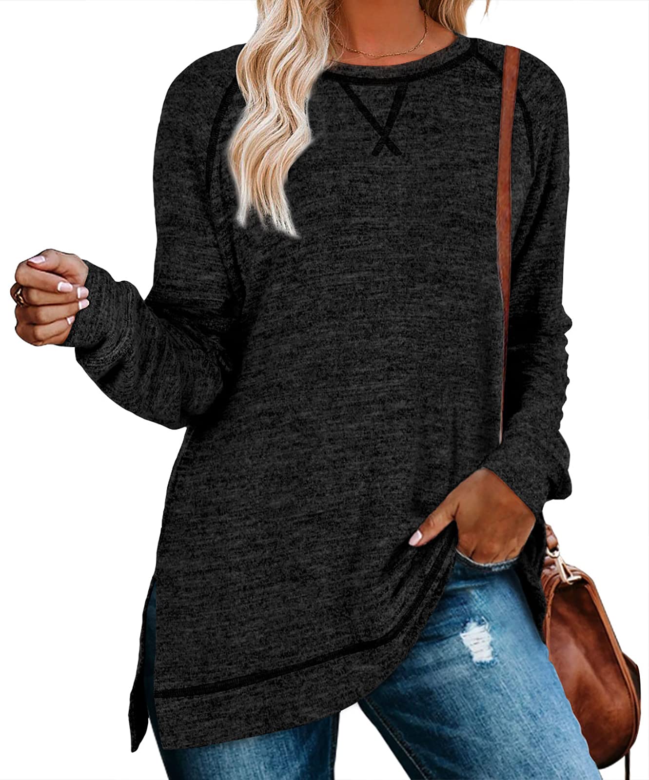 Aokosor Women's Lightweight Long Sleeve Sweater Tunic Top with Side Split - Casual Pullover Sweatshirt for Leggings | Perfect for Fall Layering, Office Wear & Weekend Outfits