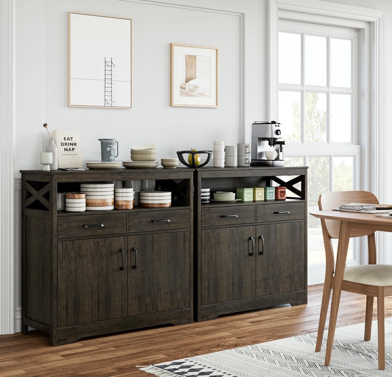 Modern Farmhouse Buffet Sideboard - Wooden Kitchen Storage Cabinet with Shelves, Doors & Drawers - Coffee Bar & Living Room Floor Cupboard - Dark Brown - Perfect for Dining Room Storage, Kitchen Organization & Coffee Station Setup