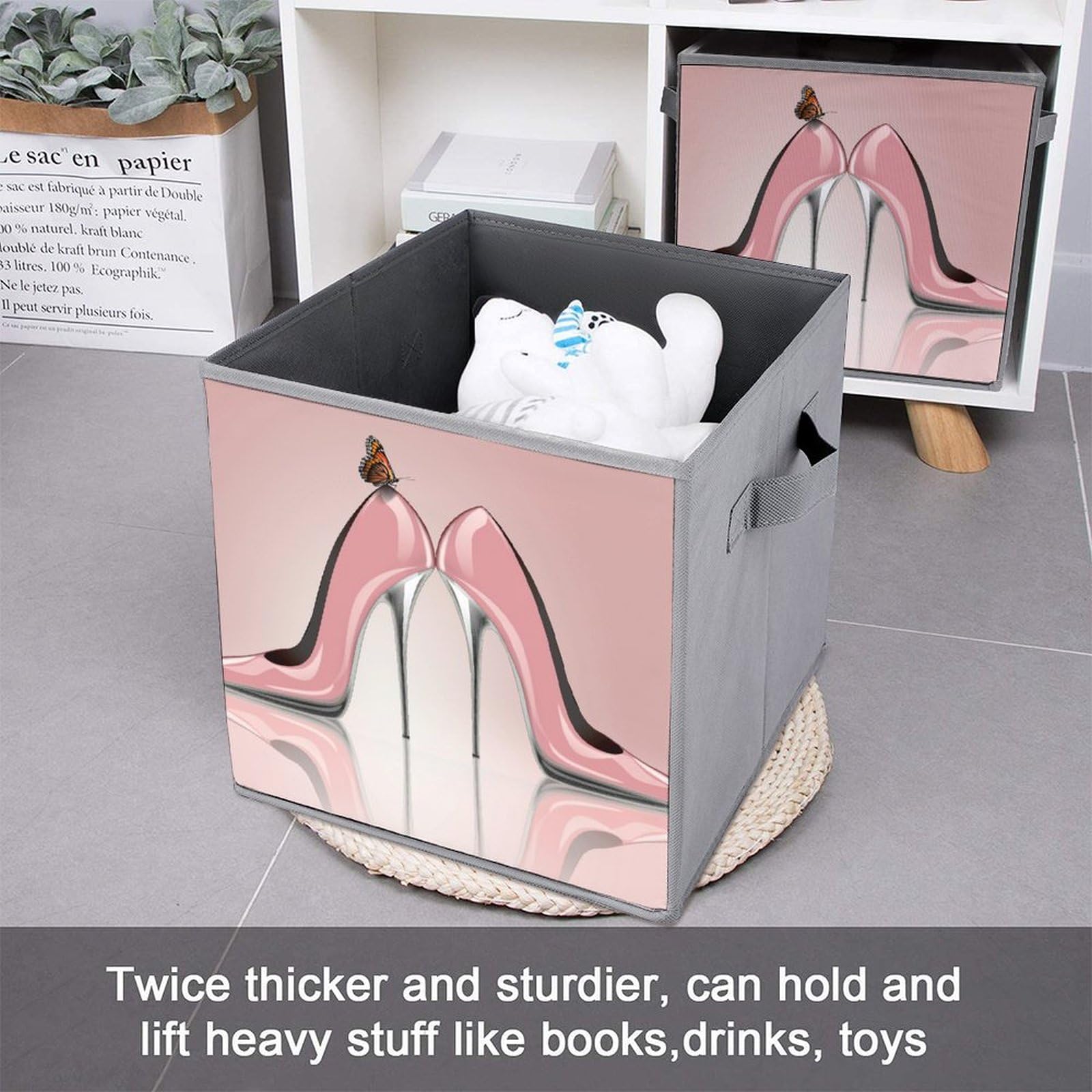 Elegant Pink Cube Storage Bin with Butterfly High Heel Design - Foldable Fabric Baskets with Handles for Closet, Pantry, Shelf & Toy Organization - Perfect for Bedroom, Nursery & Playroom Storage Solutions