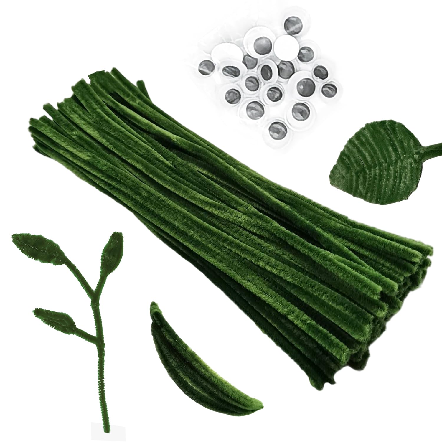 100 Pcs Moss Green Pipe Cleaners with 20 Pcs Googly Eyes - Chenille Stems for DIY Craft Projects, Arts & Holiday Decorations - Perfect for Kids Crafts, Classroom Activities & Christmas Ornaments