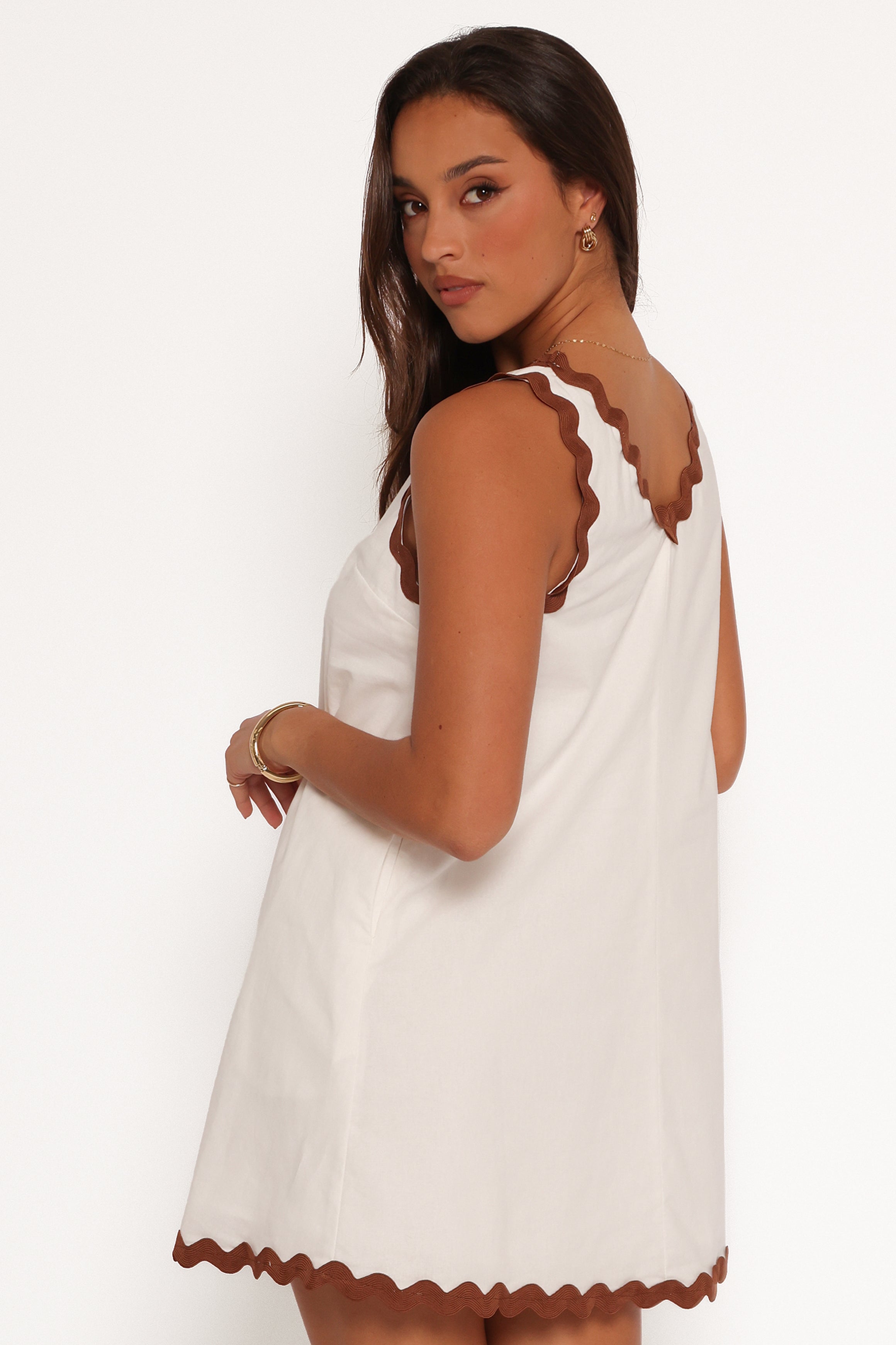 Calliope Mini Dress - White & Tan Floral Summer Dress for Women | Casual Beach Wear, Party Outfit, Date Night Dress