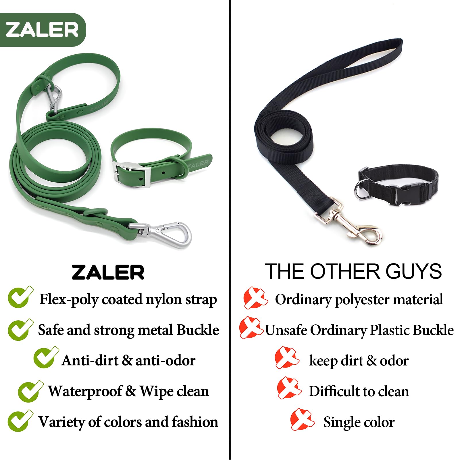 Waterproof Adjustable Odor-Proof Dog Collar and Leash Set - Easy to Clean 6FT Pet Leash with 2 Hooks for Small Medium Large Dogs (Green, Size M) - Perfect for Walking, Training & Outdoor Adventures