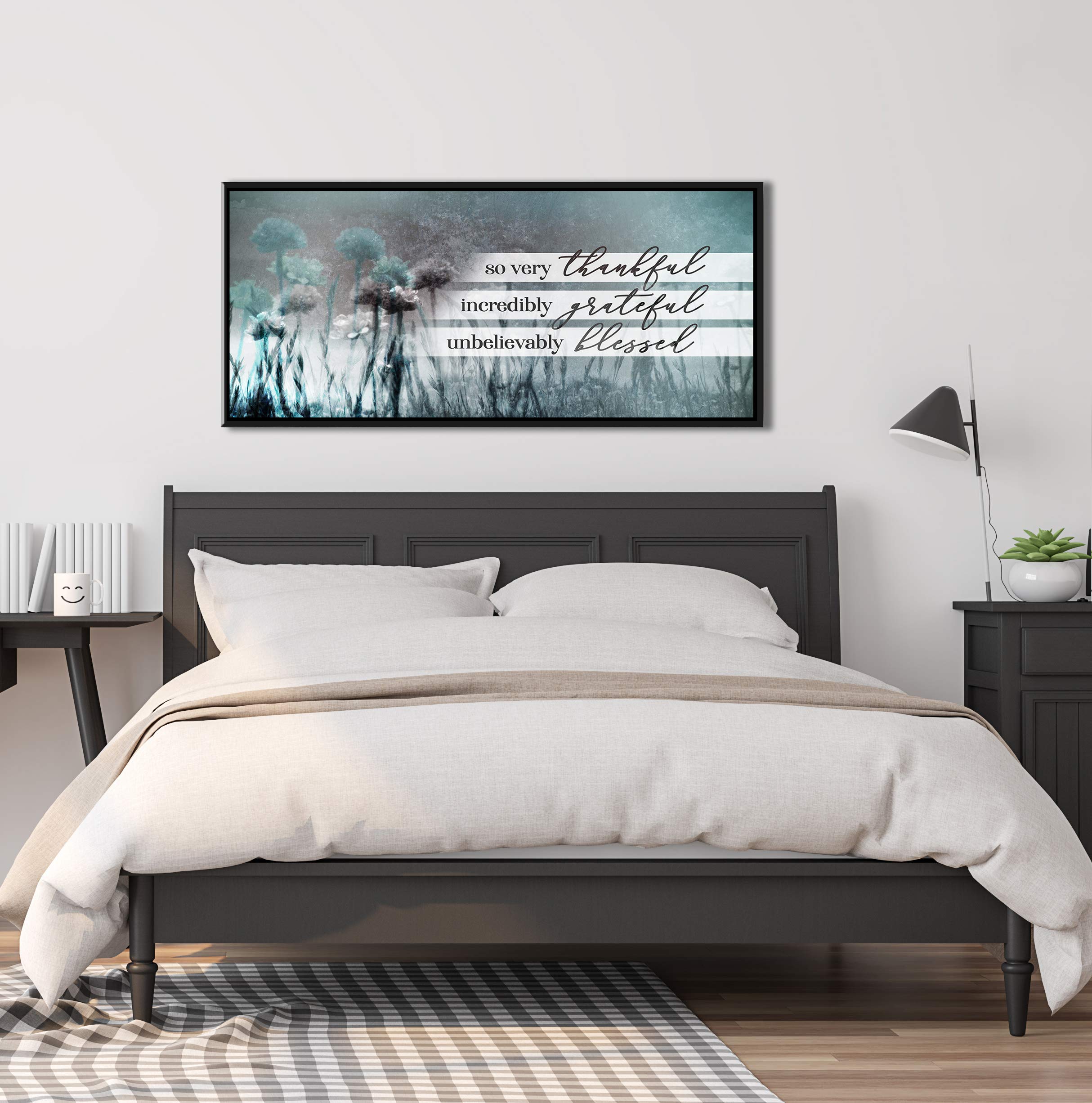Rustic Dandelion Wall Art Canvas - So Very Thankful Blessed Religious Nature Decor with Black Floating Frame (60x27 Inches, Teal) - Perfect for Farmhouse Living Room, Bedroom or Office Decor