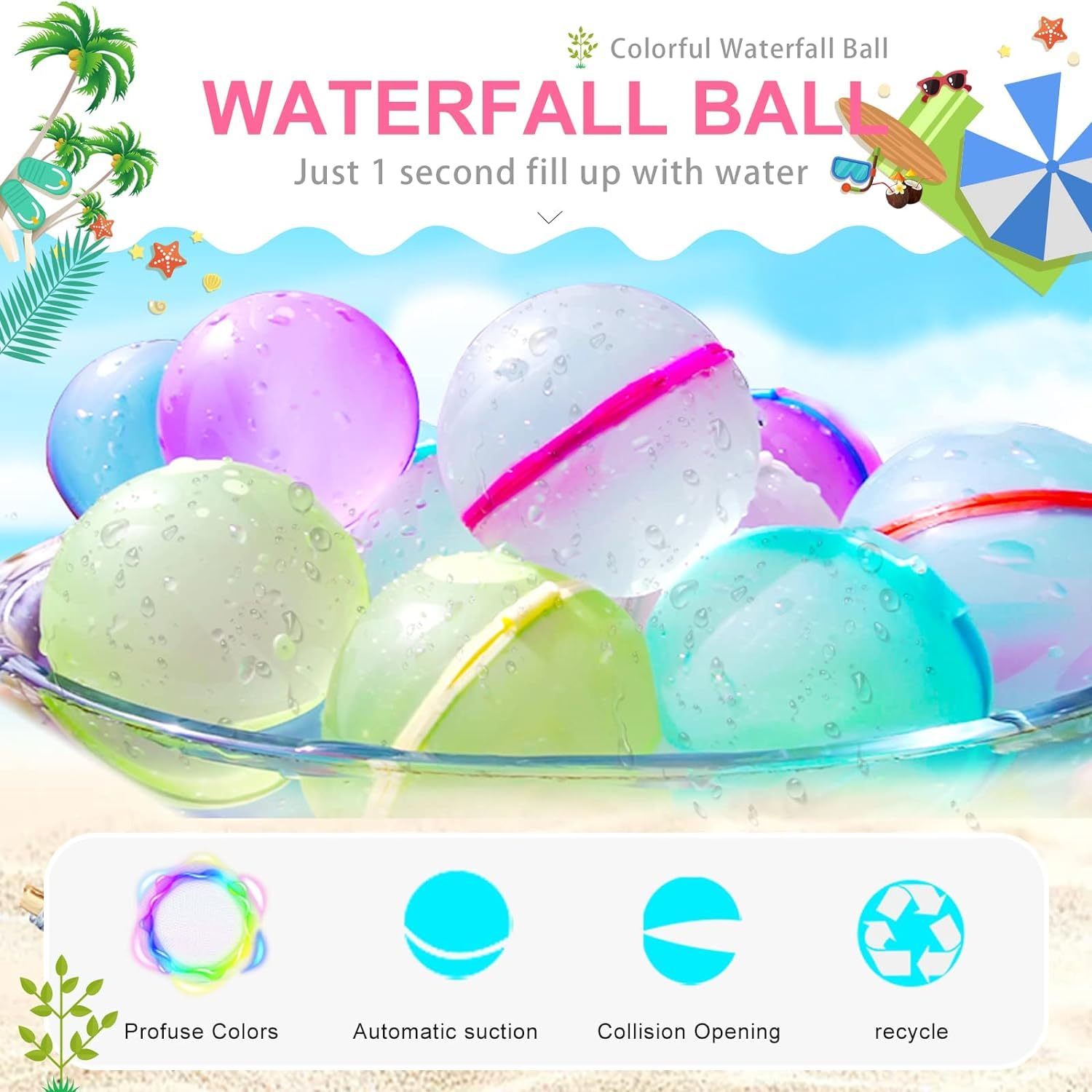 6 Pack Automatic Shut-Off Water Balloons - Fast Fill Reusable Mixed Color Water Bombs for Kids Summer Outdoor Water Fights, Pool Parties & Backyard Games
