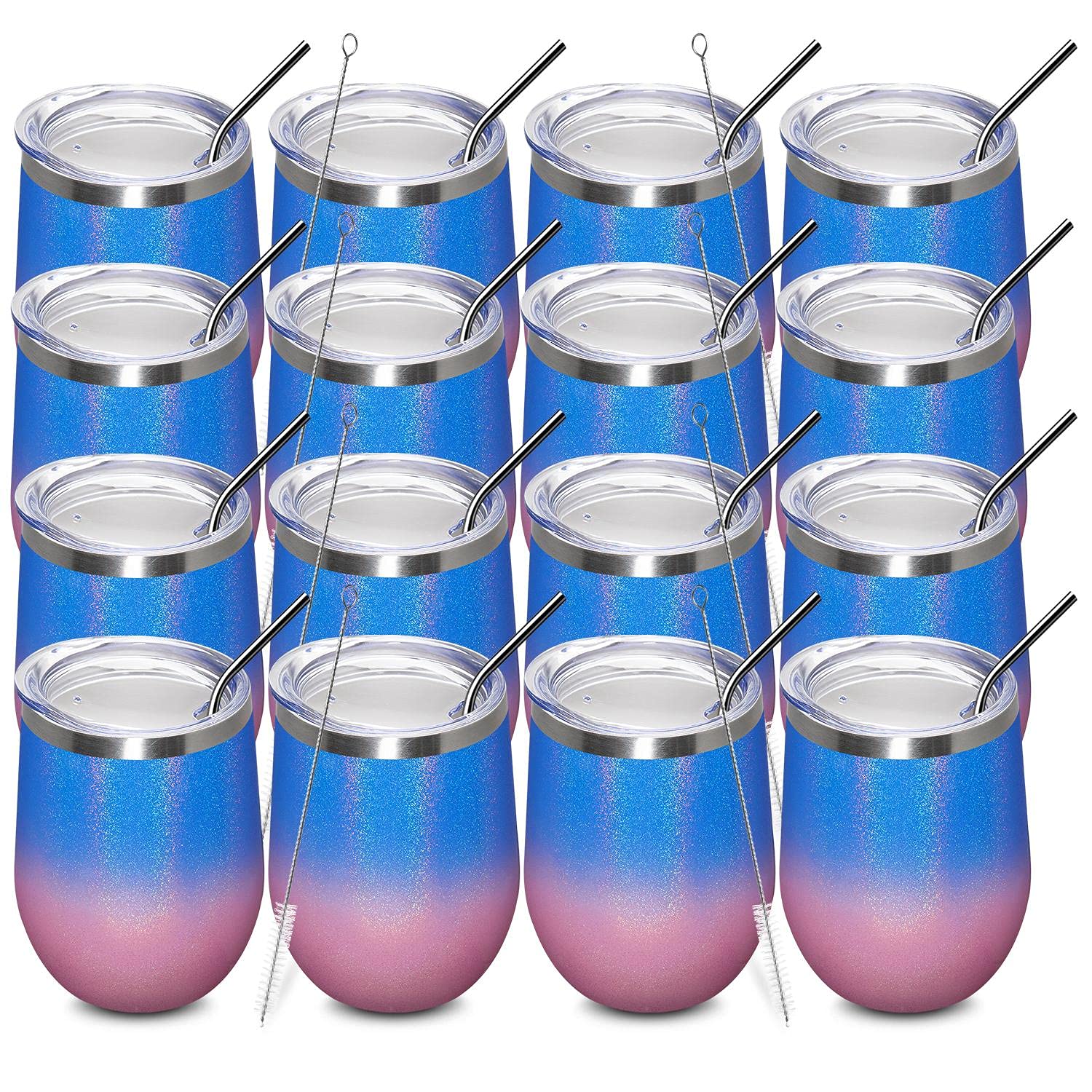 MEWAY 12oz/16 Pack Stainless Steel Wine Tumblers with Lid - Double Wall Vacuum Insulated Glitter Cups for Hot & Cold Drinks - Stemless Coffee Tumblers for Women, Parties, Picnics & Office Use (Gradient Pink, Set of 16)
