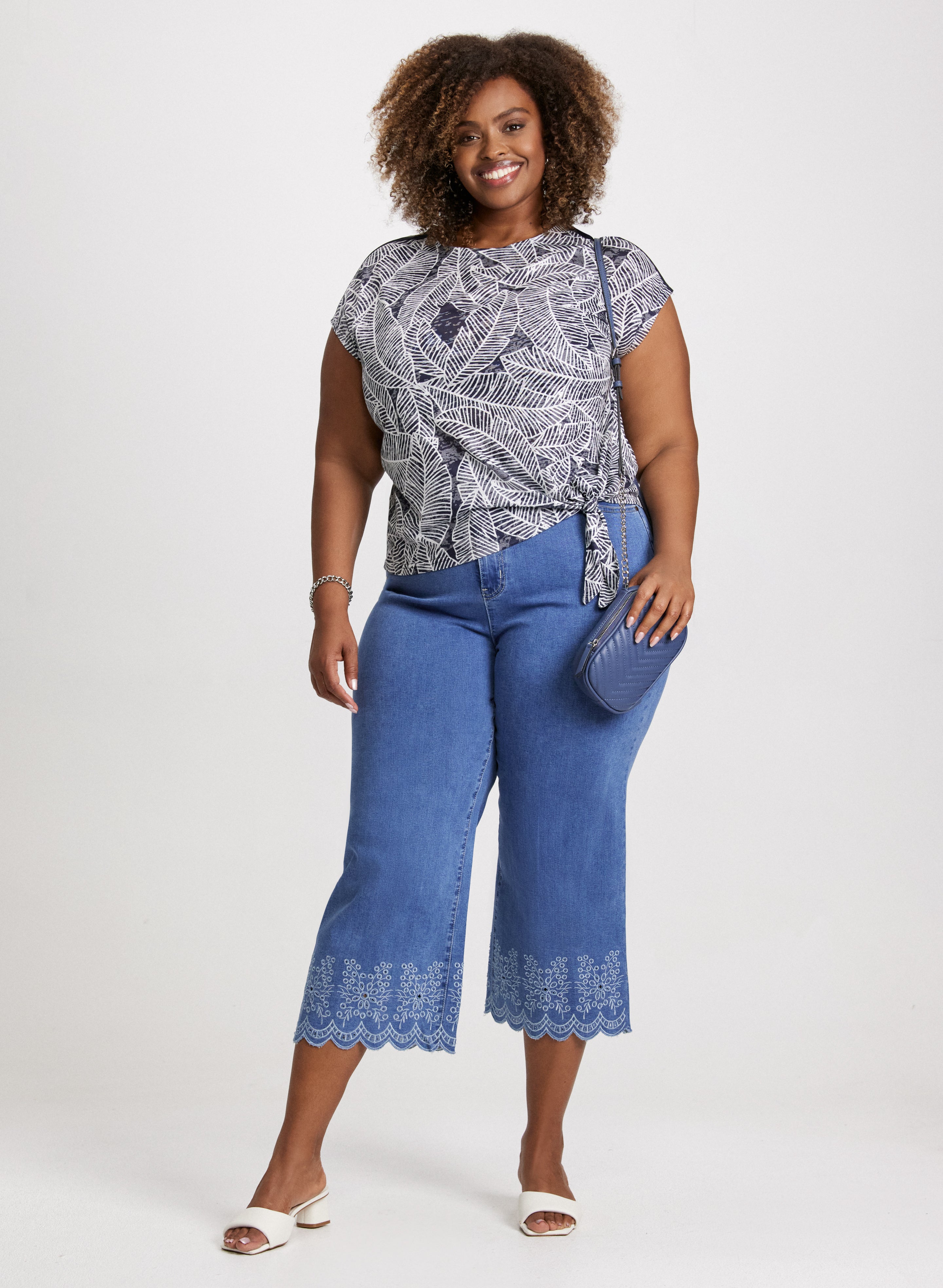 Embroidered Hem Culotte Jeans for Women - High Waisted Wide Leg Denim Pants - Comfortable & Stylish for Casual Wear, Office, and Date Night