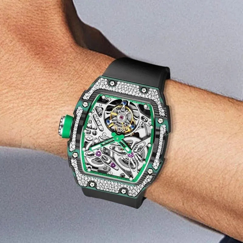 Haofa Automatic Tourbillon Watch - Luxury Carbon Fiber Diamond Case Skeleton Mechanical Watch with Sapphire Crystal, Waterproof & Luminous - Perfect for Business Meetings, Formal Events & Luxury Gift Giving (Model 1901-3)