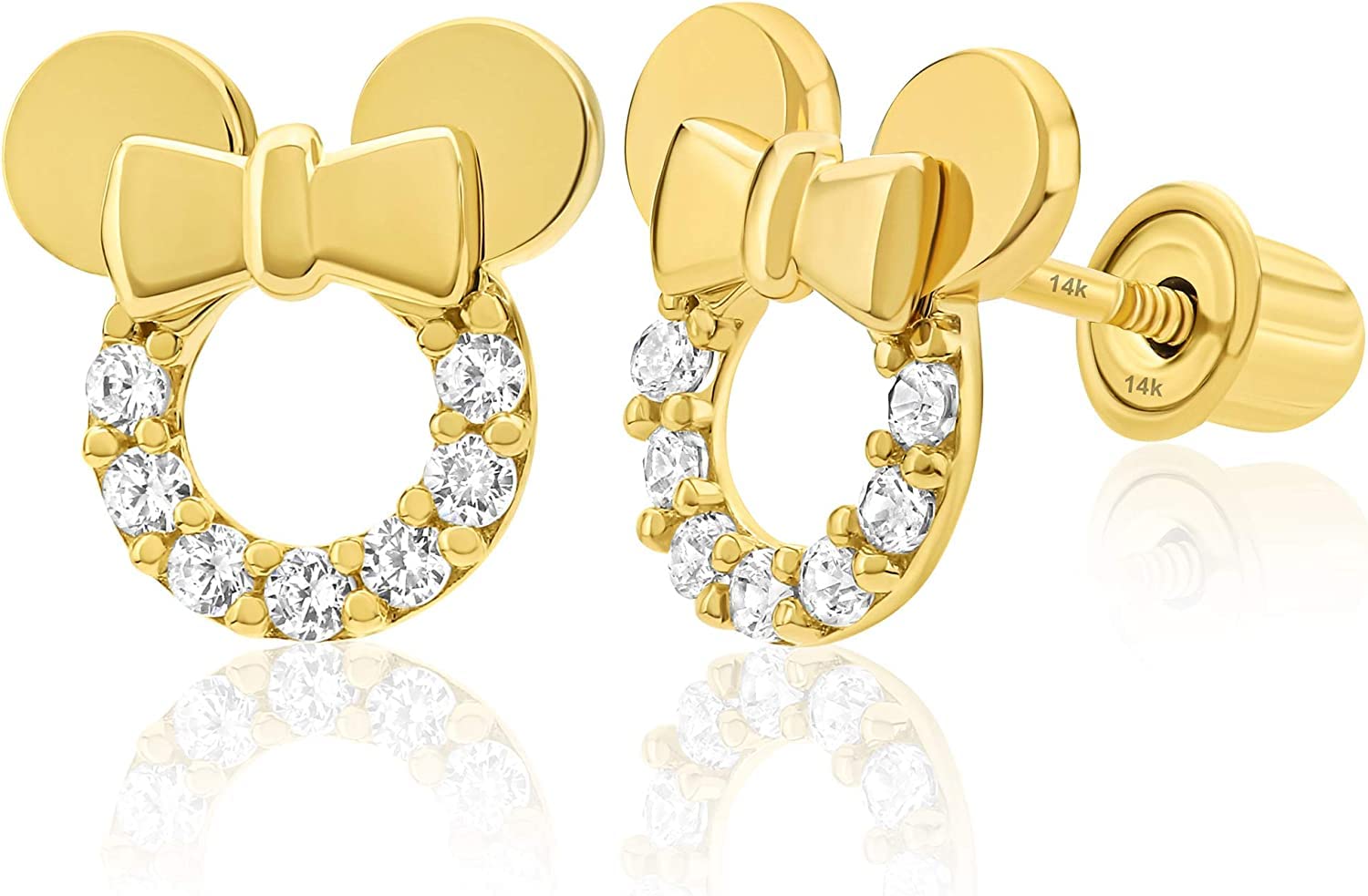 14K Yellow Gold Mouse Stud Earrings with Cubic Zirconia - Comfort Screw Backs - Perfect for Everyday Wear, Gifts & Special Occasions