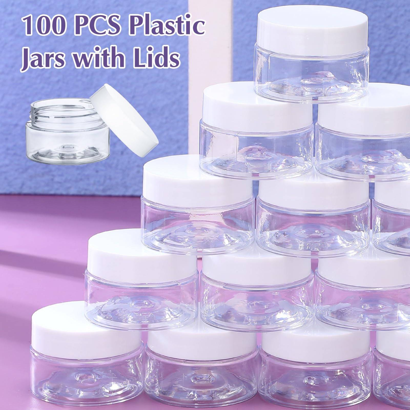 SATINIOR 100-Pack 1 oz Clear Plastic Jars with White Lids - Small Wide Mouth Containers for Lotion, Cream, Body Butter, Rhinestones & Travel Storage - Perfect for DIY Crafts, Beauty Products & Organizing Small Items