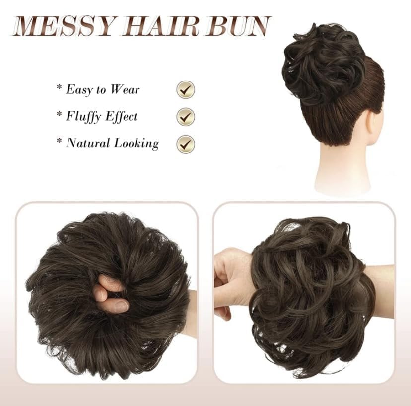 D-DIVINE 1PCS Messy Bun Hair Piece - Brown Synthetic Hair Scrunchies with Elastic Rubber Band - Hair Extension & Hairpiece for Women - Perfect for Casual, Work & Party Hairstyles
