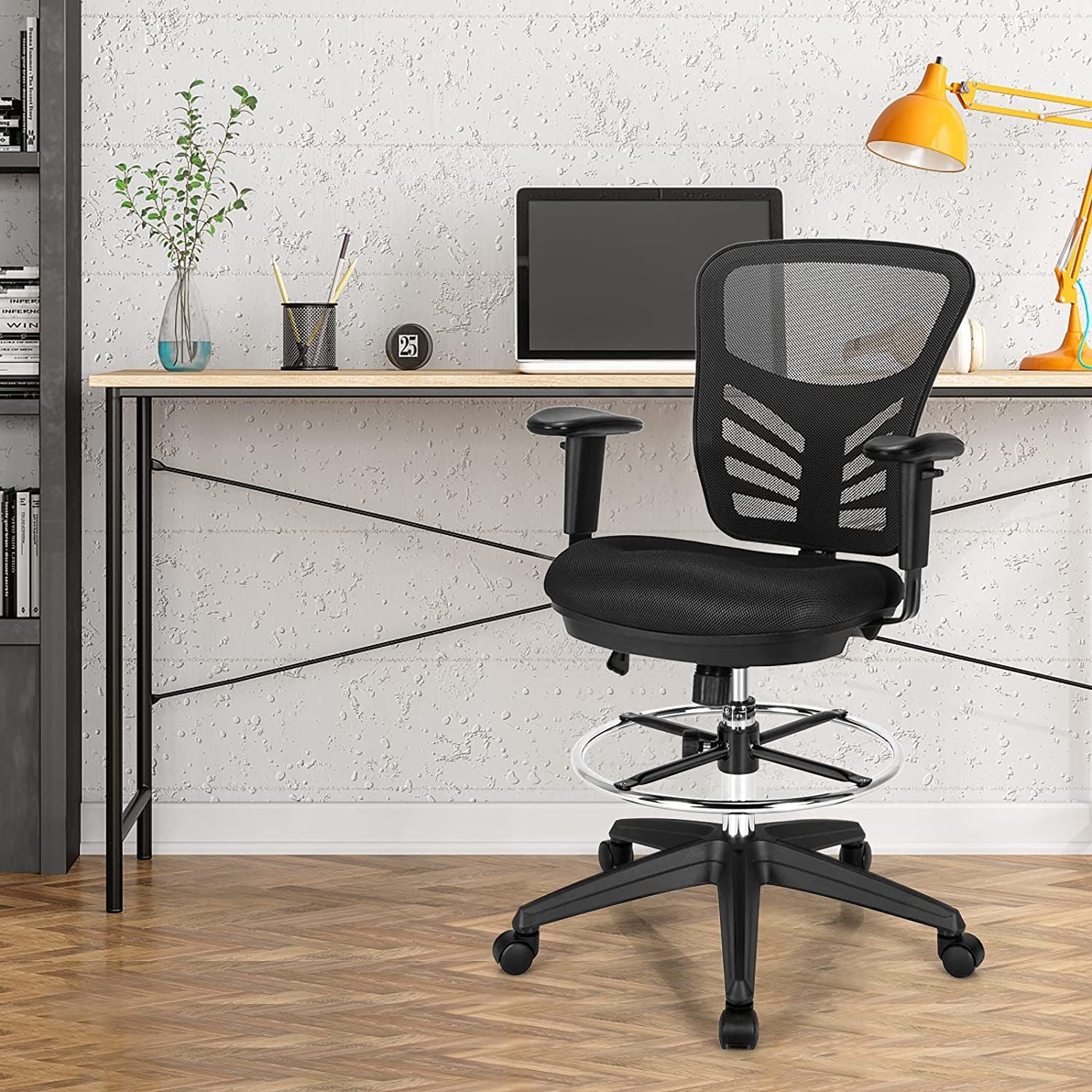 COSTWAY 2-Pack Ergonomic Mesh Office Chairs - Adjustable Height Standing Desk Chairs with Footrest & Armrests, Rolling Computer Drafting Chairs for Home Office (Black) | Perfect for Workspaces, Gaming Setups & Study Areas