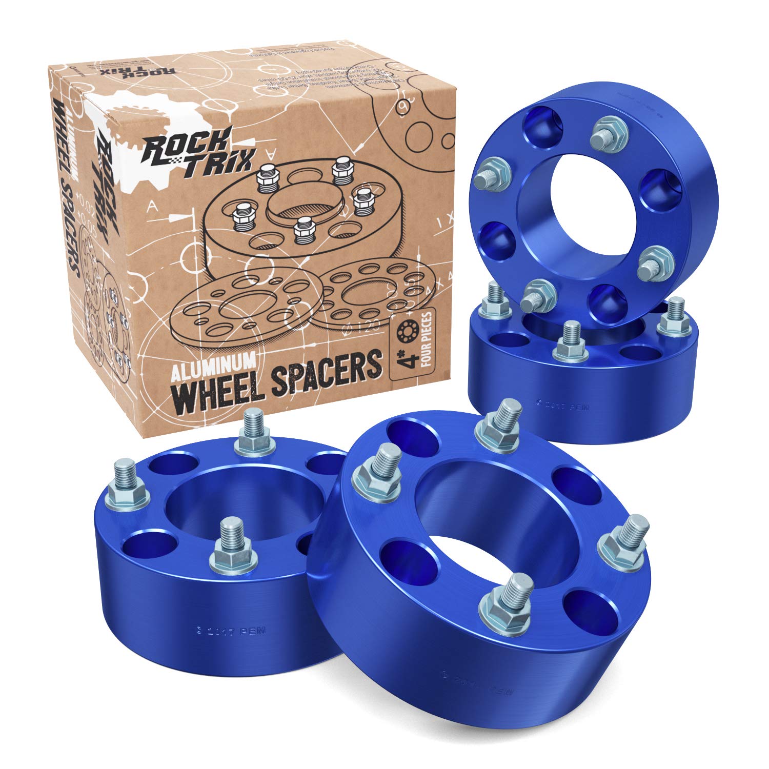 RockTrix 2-Inch ATV Wheel Spacers 4x110 Bolt Pattern, 74mm Center Bore, 10x1.25 Studs with Flat Nuts - Compatible with Honda, Yamaha, Suzuki, Bombardier UTVs & ATVs (V1 50mm Blue, Set of 4) - Enhance Stability & Off-Road Performance for Trail Riding & Mudding