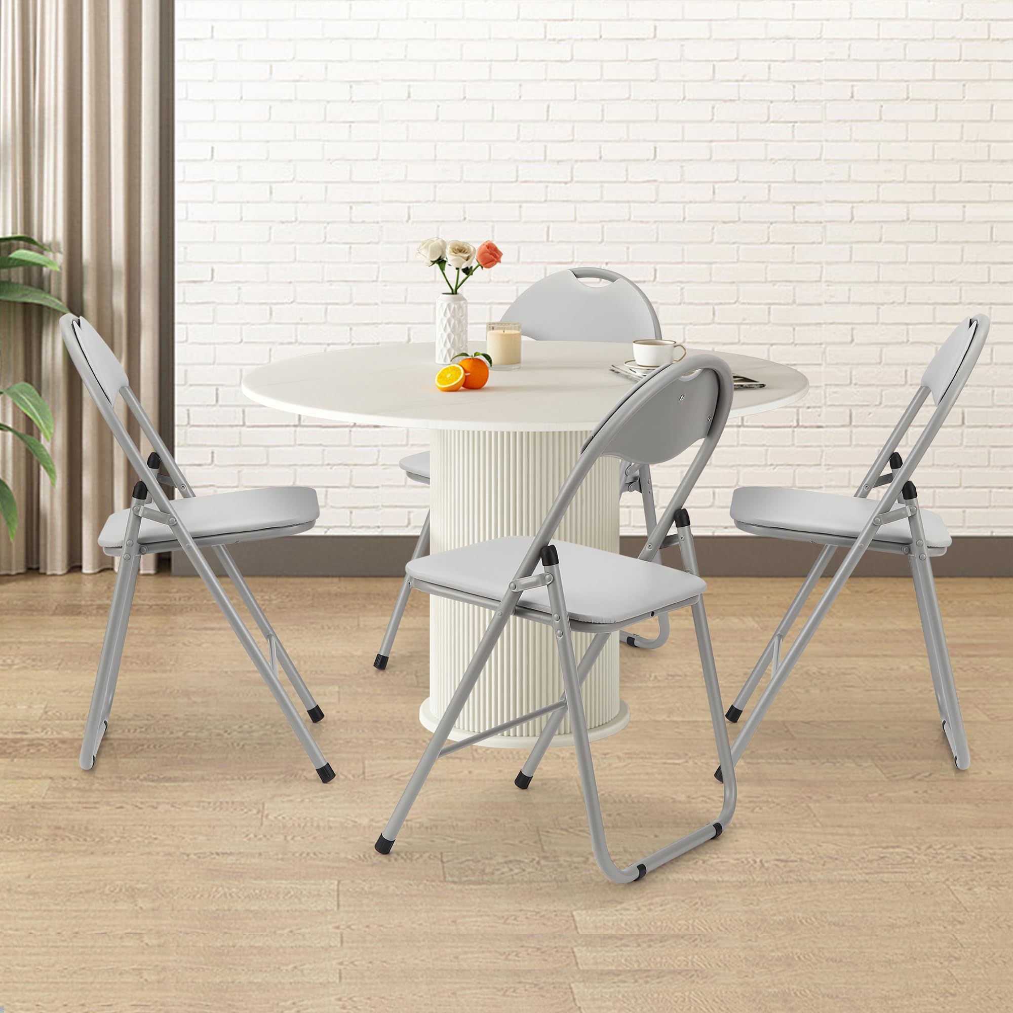 4 Pack Folding Chairs with Cushion - Portable Metal Stackable Chairs for Indoor & Outdoor Events - Non-Slip Feet Pads, Grey - Perfect for Parties, Weddings, Picnics and Home Use