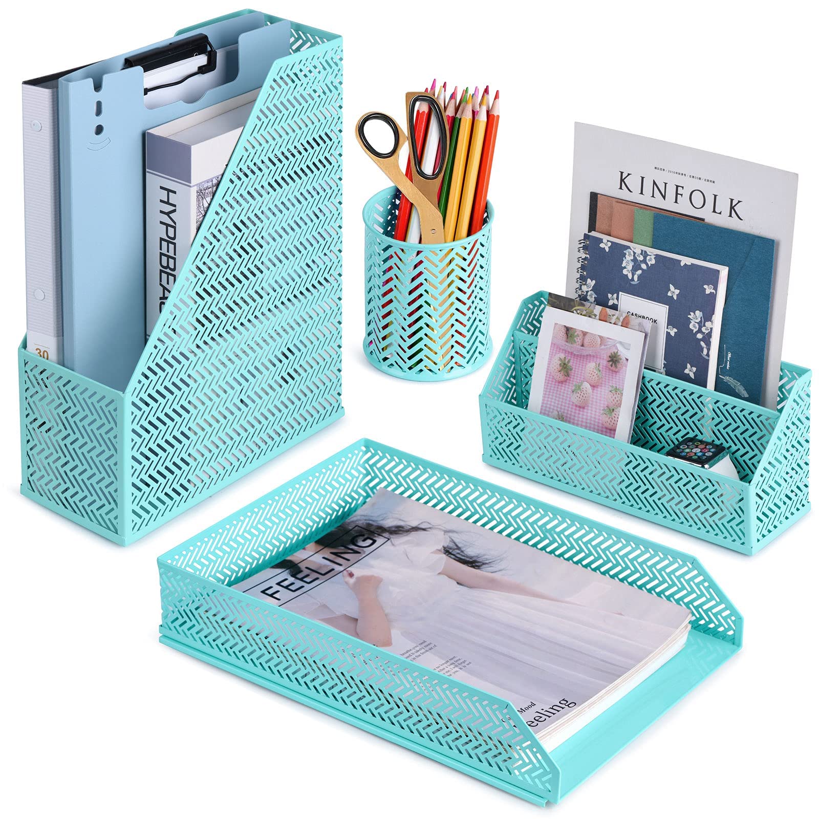 POPRUN 4-Piece Desk Organizer Set - Letter Sorter, Pen Holder, Magazine Rack & Paper Tray | Cute Office Desk Accessories for Women | Perfect for Home Office, Workstation & School Organization (Green)