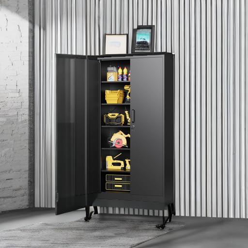Heavy Duty Metal Garage Storage Cabinet with Lock - 5 Adjustable Shelves, Steel Tool Cabinet with Locking Door for Home, School, Office & Garage Organization (Black) - Perfect for Storing Tools, Equipment & Supplies Safely