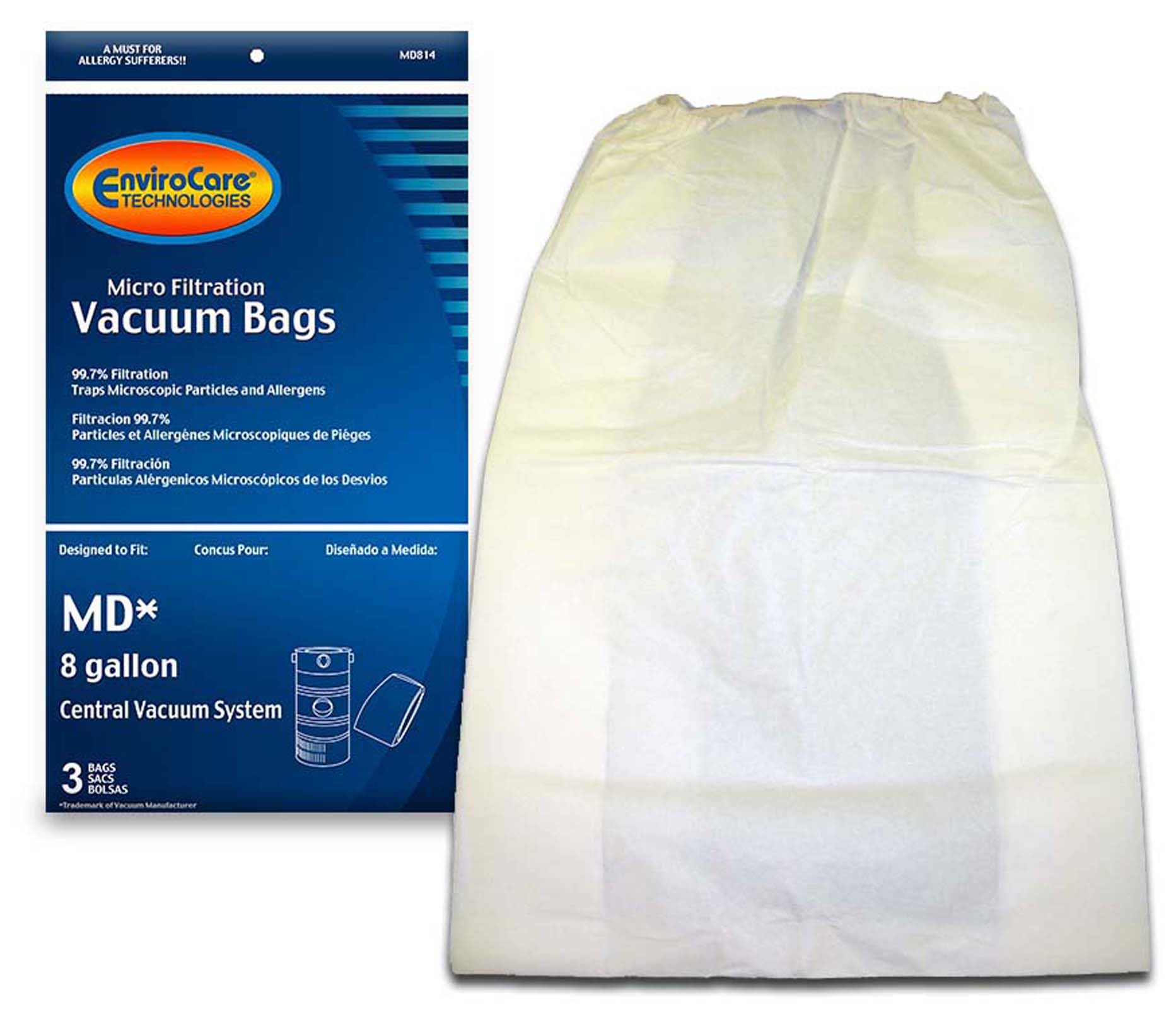 EnviroCare 3-Pack Replacement Micro Filtration Vacuum Cleaner Dust Bags for MD 8 Gallon Central Vacuums - HEPA Filter Bags for Pet Hair, Allergies & Fine Dust - Perfect for Home Cleaning & Allergy Relief