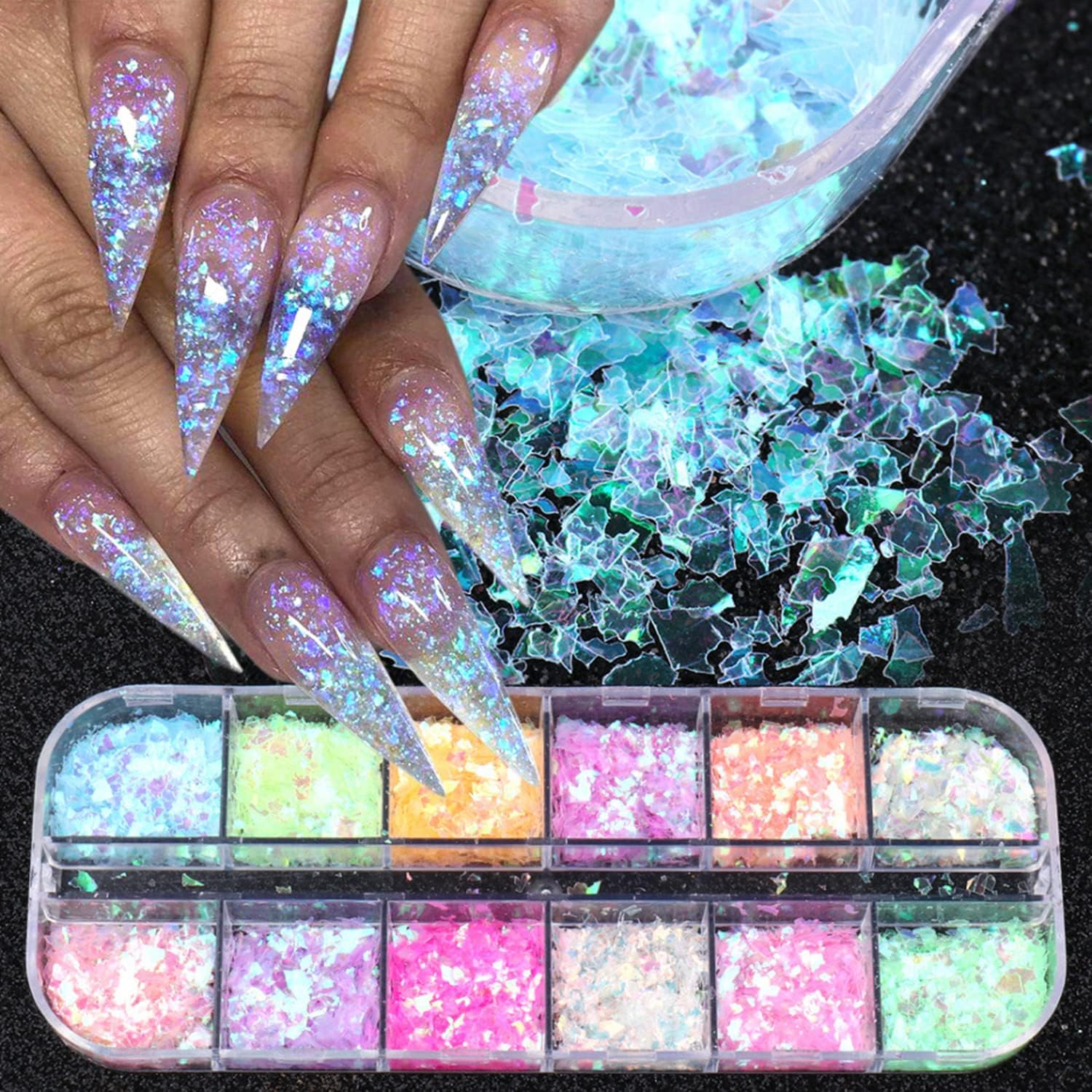 INOG 12 Grids Mermaid Flake Nail Glitter Sequins - Iridescent Ice Slag Nail Glitter, Colorful Fluorescent Glass Paper Nail Stickers, Holographic Nail Glitter for DIY Nail Art & Makeup - Perfect for Nail Salon, Home Manicure, Party & Festival Nail Decoration