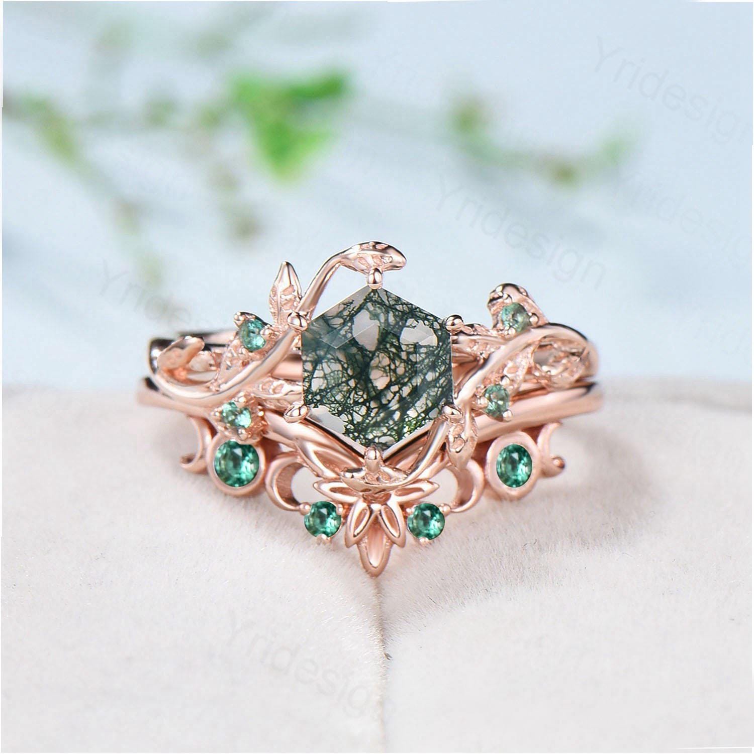 2pcs Hexagon Cut Moss Agate Ring Set - Elegant Green Agate Nature Inspired Engagement Ring, Emerald Stacking Band Bridal Set, Anniversary Gift for Women - Perfect for Weddings, Proposals, Valentine's Day & Everyday Boho Jewelry