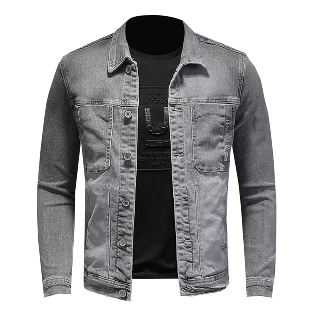Men's Denim Jacket with Turn-Down Collar - Casual Motorcycle Jean Coat, Single Breasted Outerwear for Everyday Wear & Riding