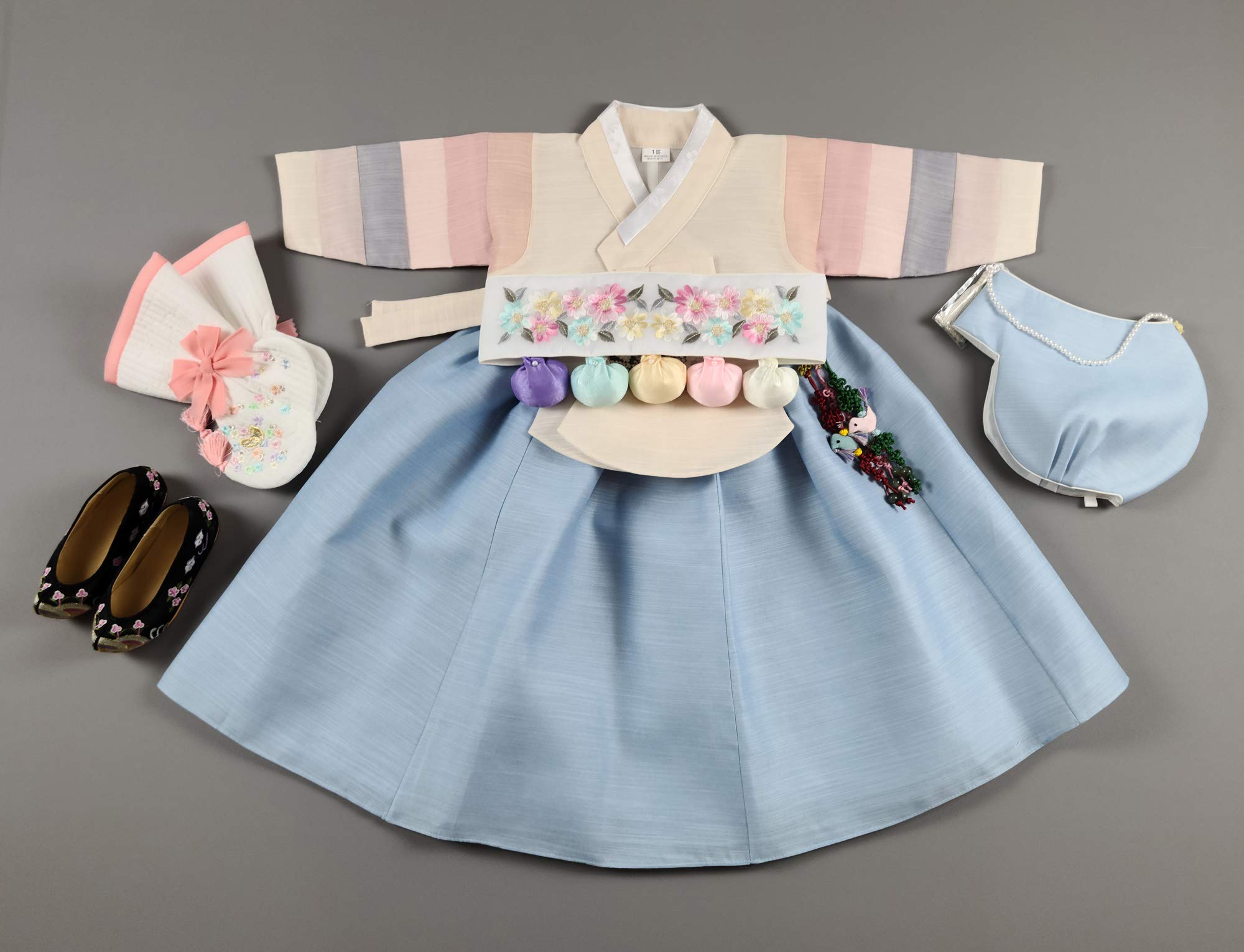 Korean Traditional Hanbok Dress for Baby Girl - First Birthday Party Outfit, Ages 1-10, Ivory & Blue - Perfect for Doljanchi Celebration, Korean Cultural Events & Photo Shoots