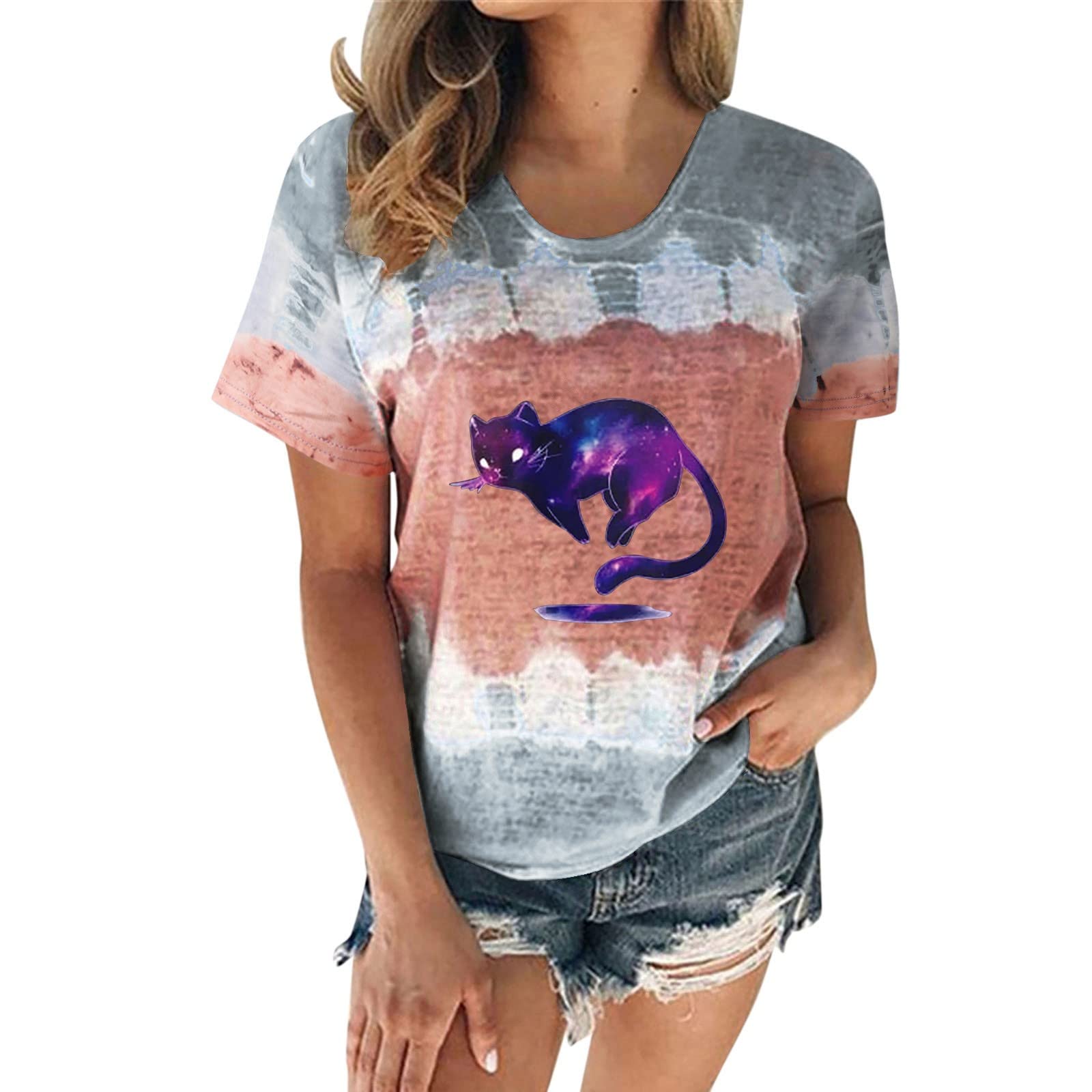 Women's V-Neck Rolled Short Sleeve Loose Fit Floral Print Summer T-Shirt - Casual Split Side Blouse for Women | Perfect for Beach Outings, Weekend Wear & Summer Vacations