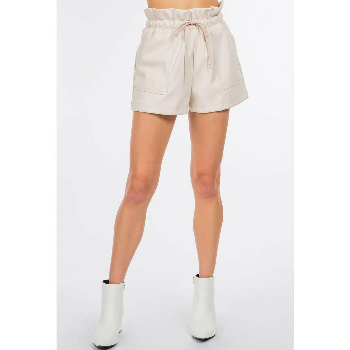 Stylish Beige Leather Shorts with Pocket Detail - Perfect for Casual Outings, Summer Fashion & Streetwear Looks