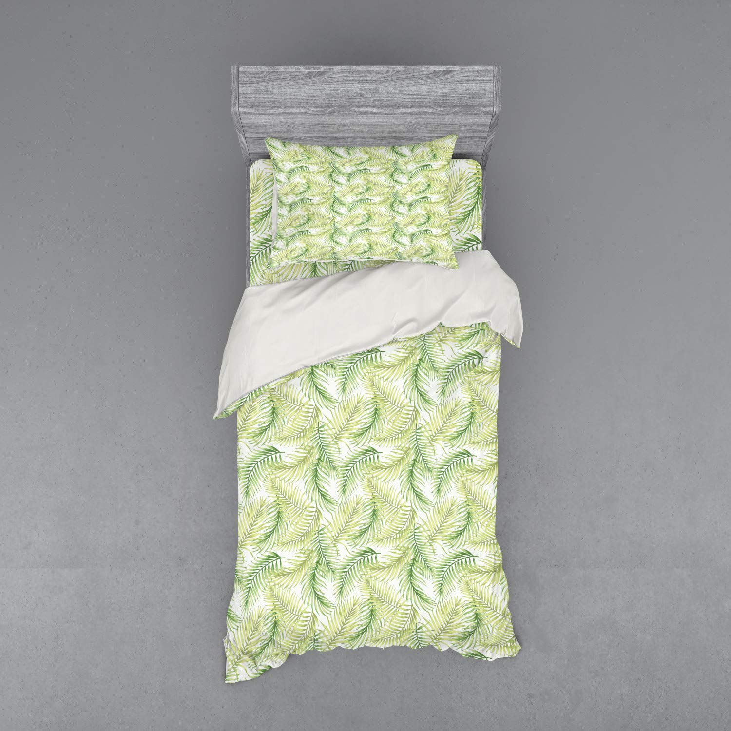 Ambesonne Palm Leaf Bedding Set - 3 Piece Duvet Cover with Sham & Fitted Sheet, Twin Size, Watercolor Coconut Palm Leaves Design in Fern Green - Perfect for Tropical & Boho Bedroom Decor, Guest Room or Vacation Home