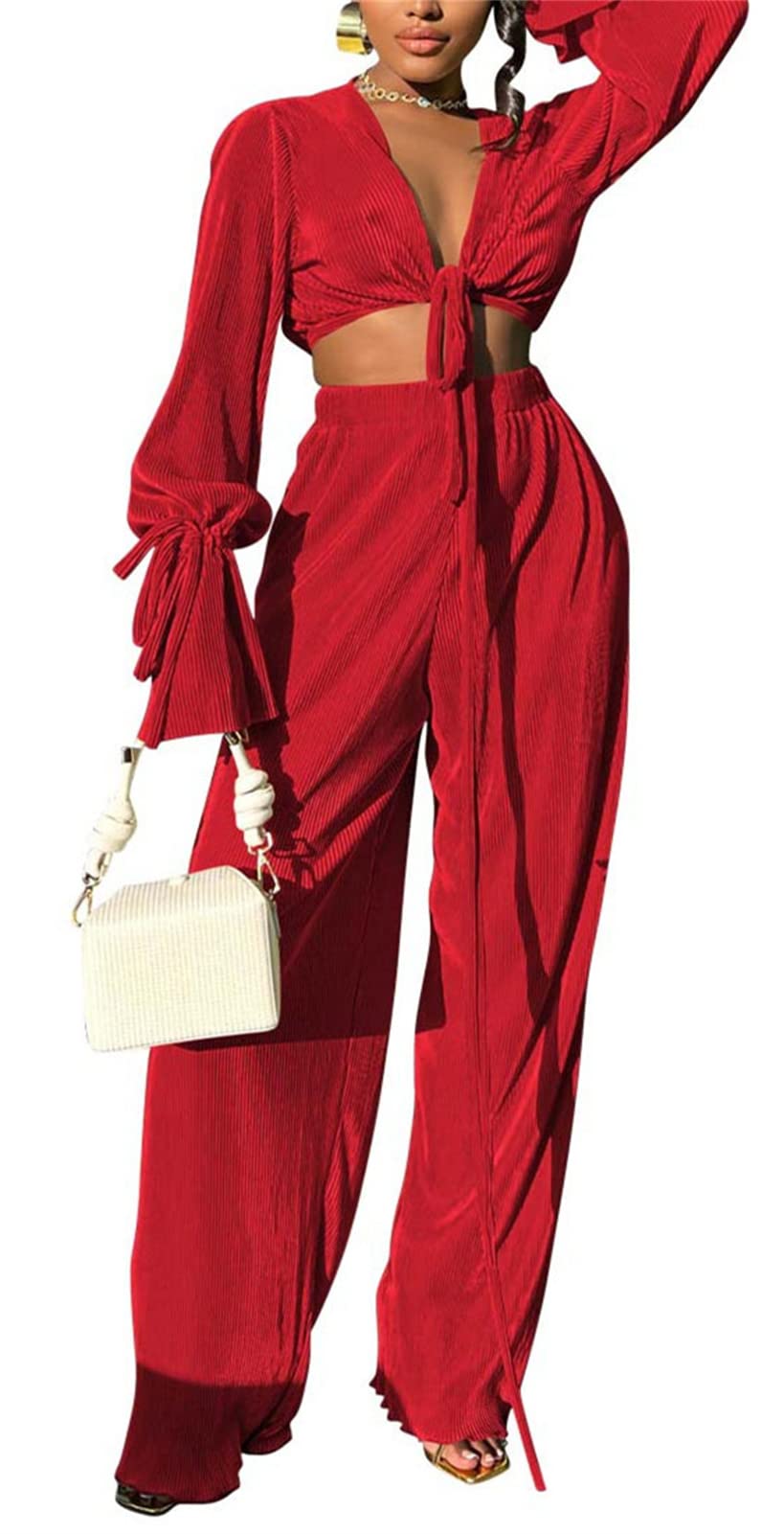 ENOPINK Women's 2-Piece Outfit - Loose Fit Button Down Shirt & Wide Leg Pants Set for Work & Casual Wear