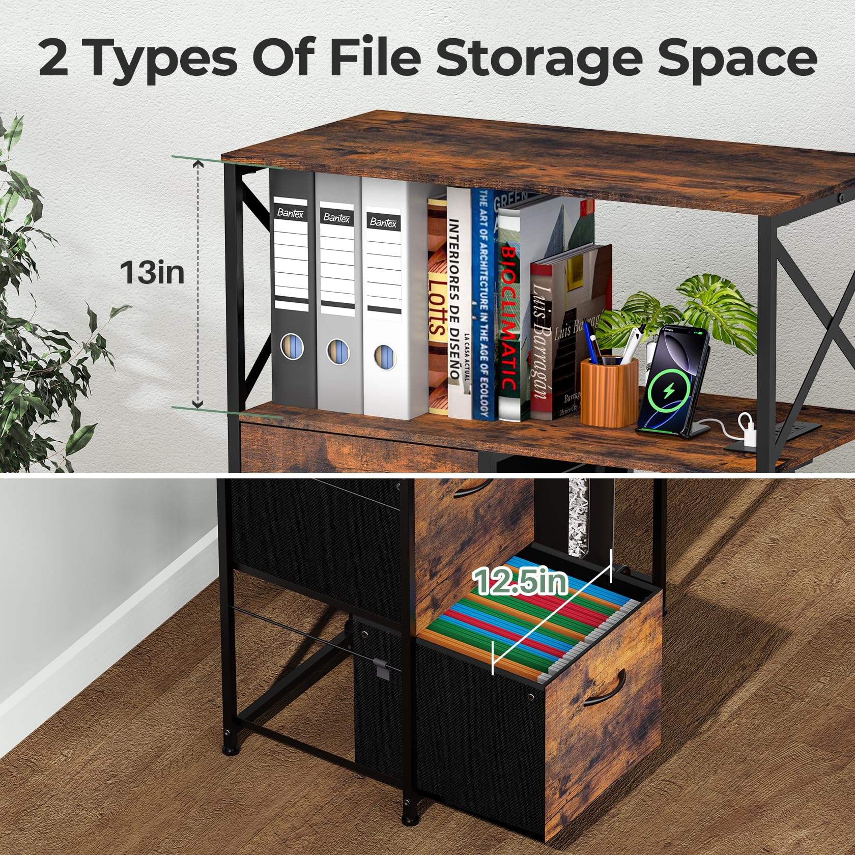 2 Drawer File Cabinet with Charging Station - Vertical Office Storage & Printer Stand for Home & Workspace - Organize PC Tower, Host Computer & Documents - Perfect for Small Offices & Remote Work