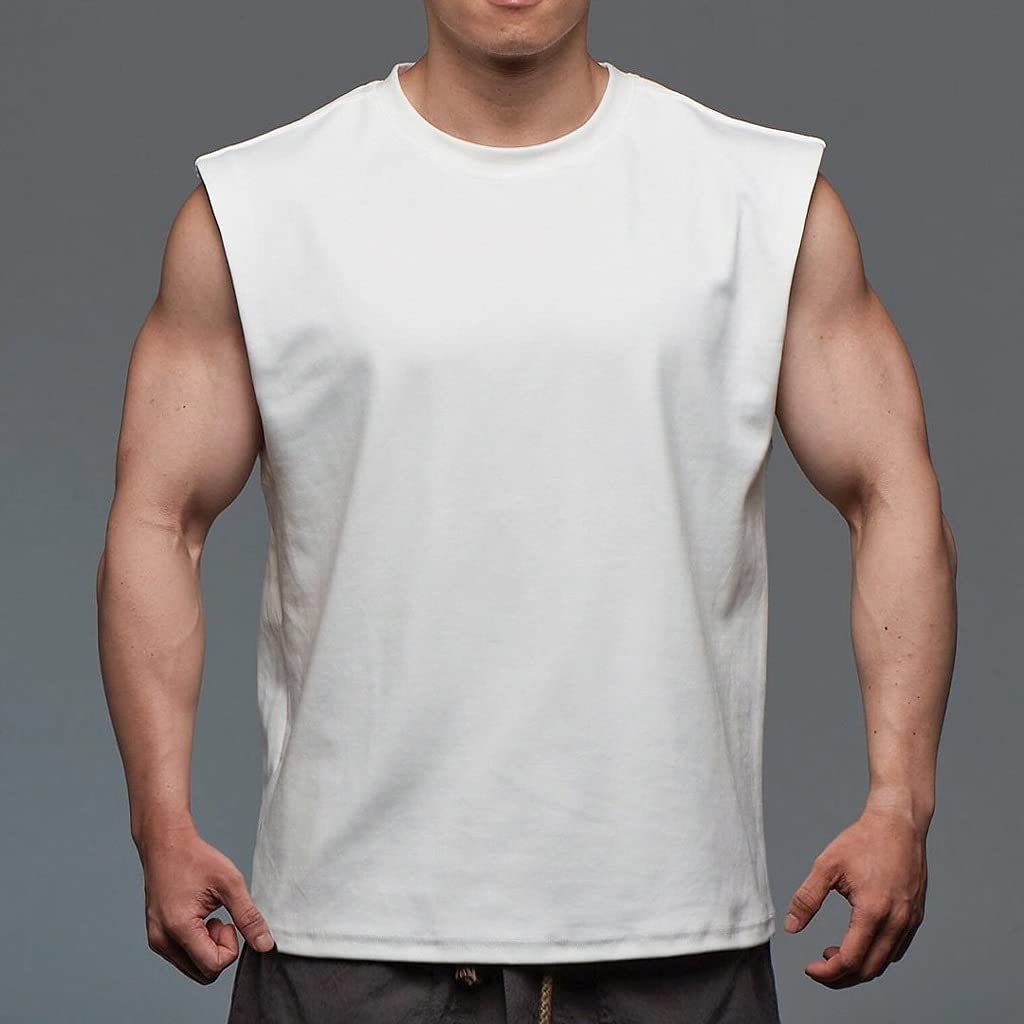 KLHHG Men's Summer Tank Top - Broad Shoulder Vest, Loose Fit Crop Top for Workout & Exercise, Sleeveless Shirt - White XXL | Gym, Running, Beach & Casual Wear