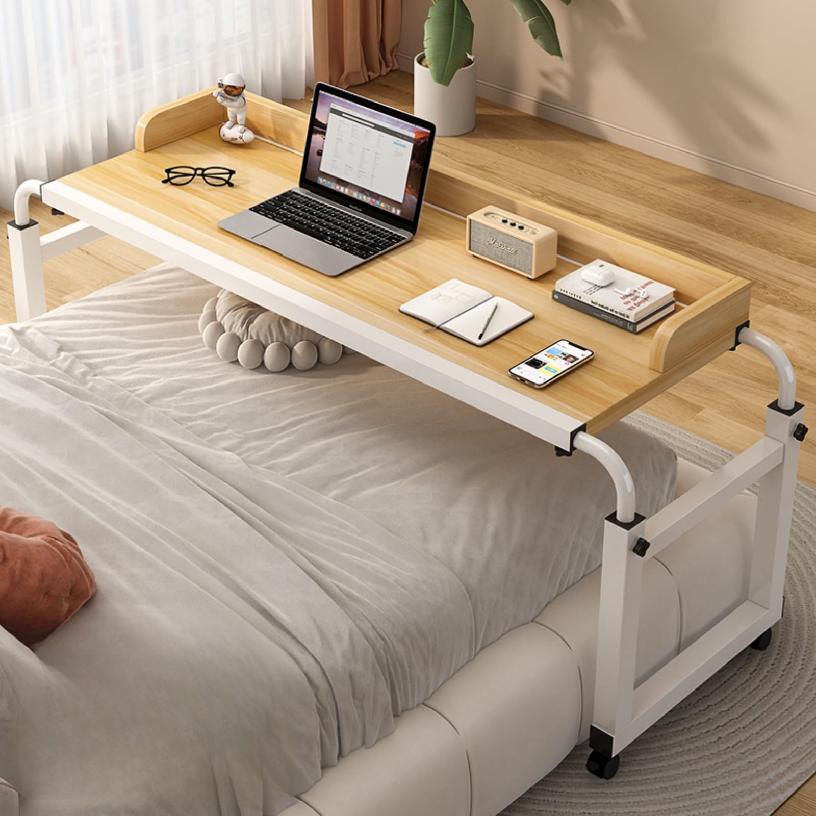 Adjustable Height Overbed Table with Wheels - Mobile Bed Desk for Laptop, Eating, Reading & Working - Perfect for Hospital, Home & Office Use