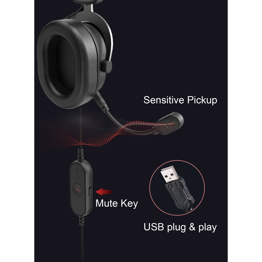 FIFINE H6 USB Gaming Headset - 7.1 Surround Sound, 24 Bit Audio, RGB Lighting, Detachable Mic & In-Line Controls (320g) - Perfect for PC Gaming, Streaming & Online Meetings