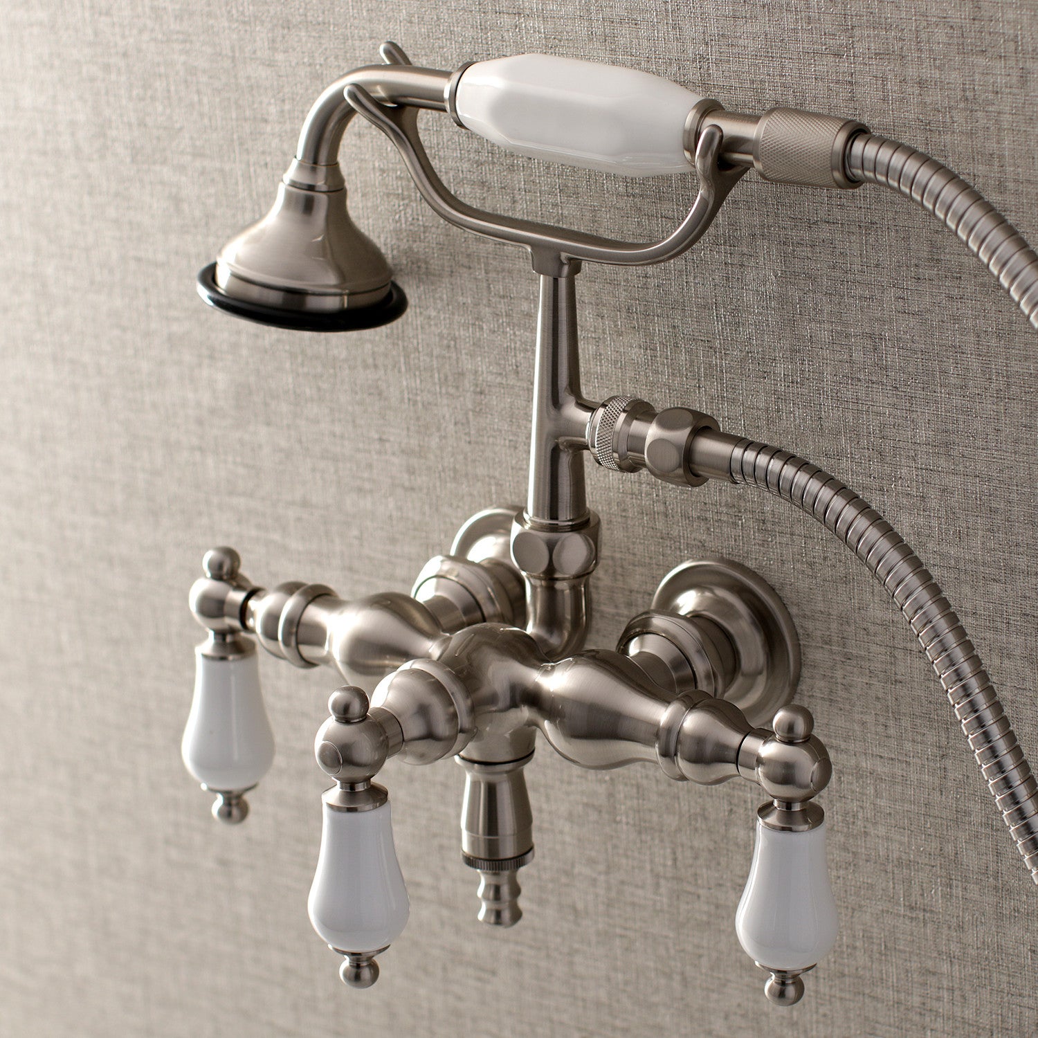 Vintage Style 3-Handle Wall Mount Clawfoot Tub Faucet with Hand Shower in Brushed Nickel - Perfect for Bathroom Renovation & Antique Tub Restoration
