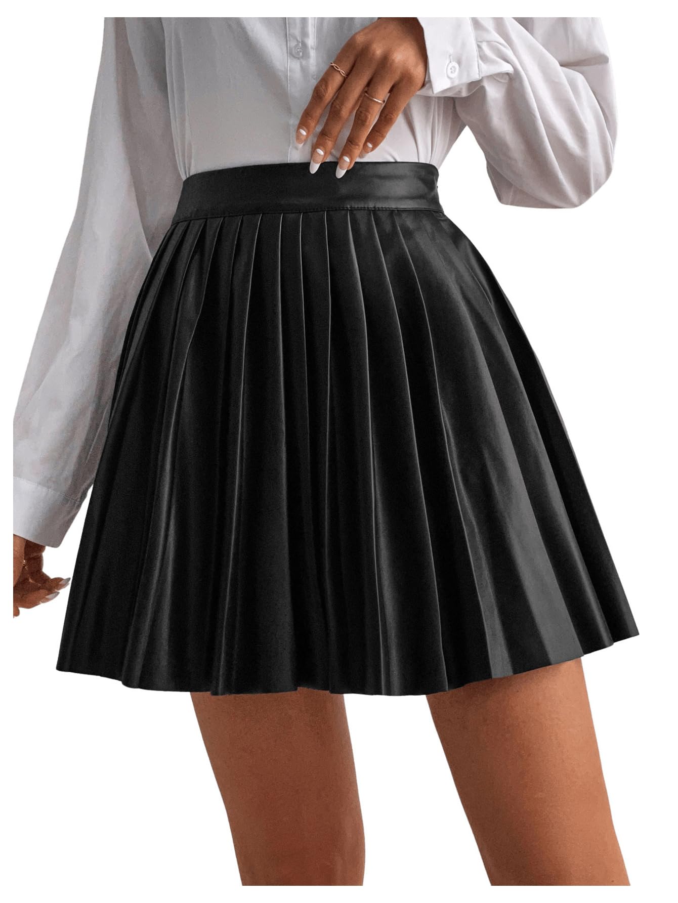 SOLY HUX Women's High Waisted Pleated Skirt - PU Leather Mini Skirt for Women, Stretchy Comfort Fit, Trendy A-Line Design for Casual Wear, Party, Office & Date Night Outfits