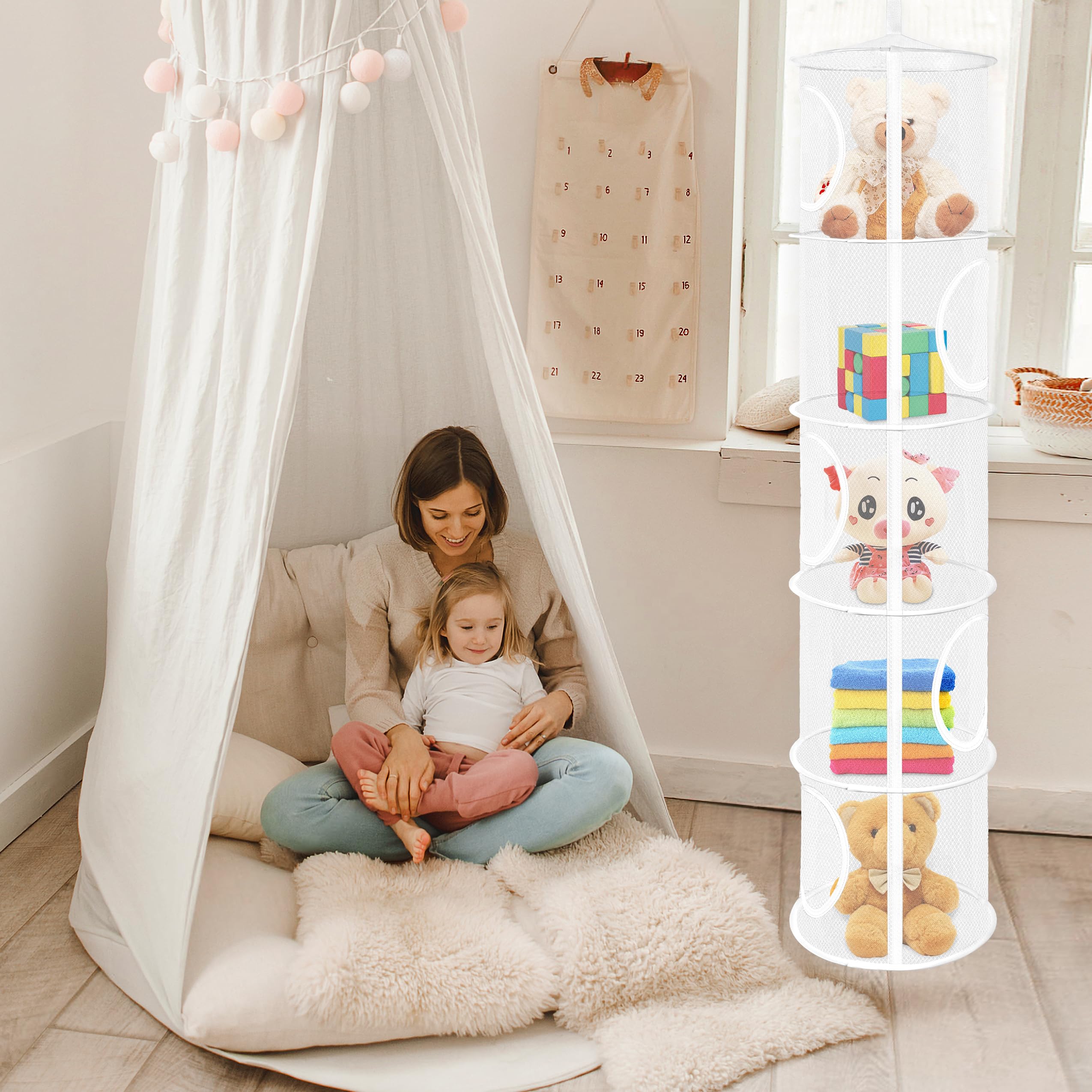 Libeder Mesh Hanging Storage Organizer Bags - 5 Compartment Foldable Space Saver for Toys, Clothes & Accessories - Perfect for Kids Room, Bathroom & Closet Organization (2-Pack, White)
