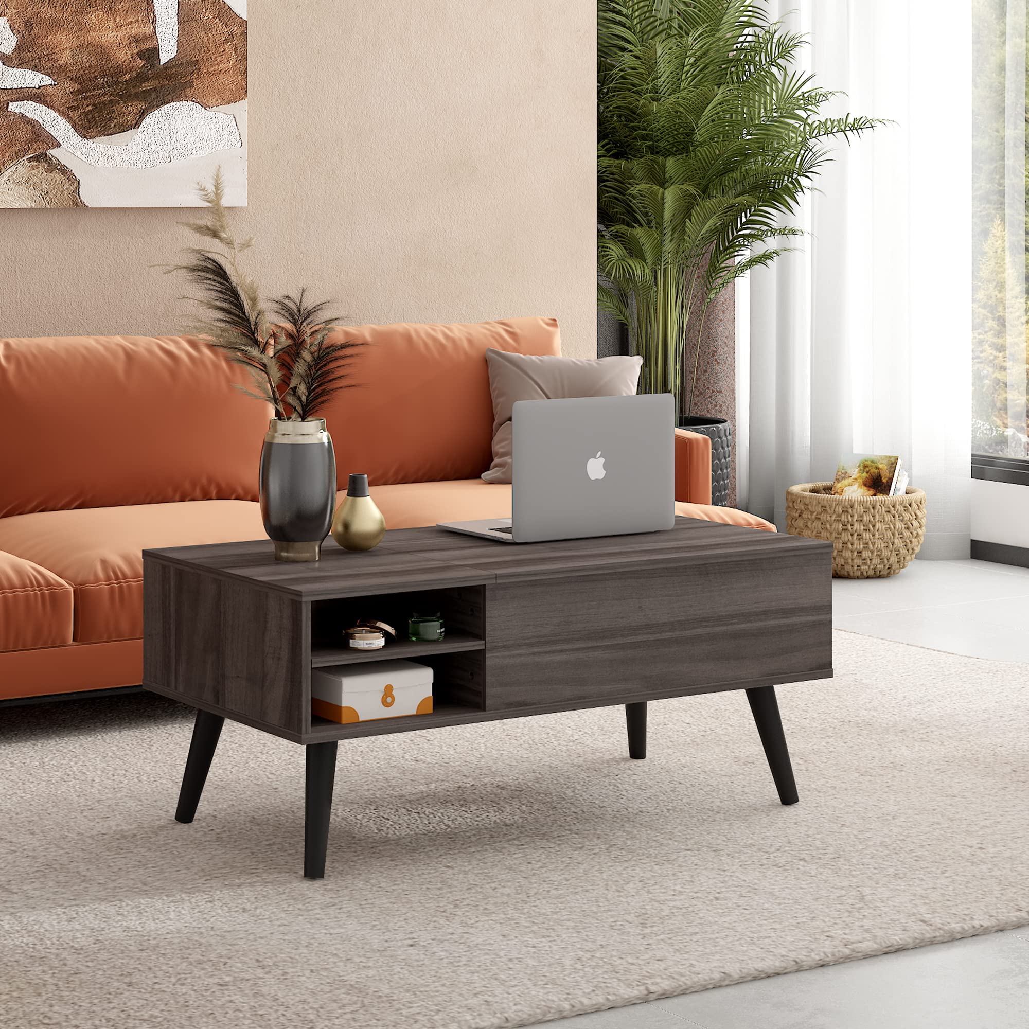 WLIVE Lift Top Coffee Table with Storage - Modern Mid Century Wooden Side Table with Hidden Compartment & Adjustable Shelf for Living Room, Bedroom, Office - Grey Home Decor Furniture