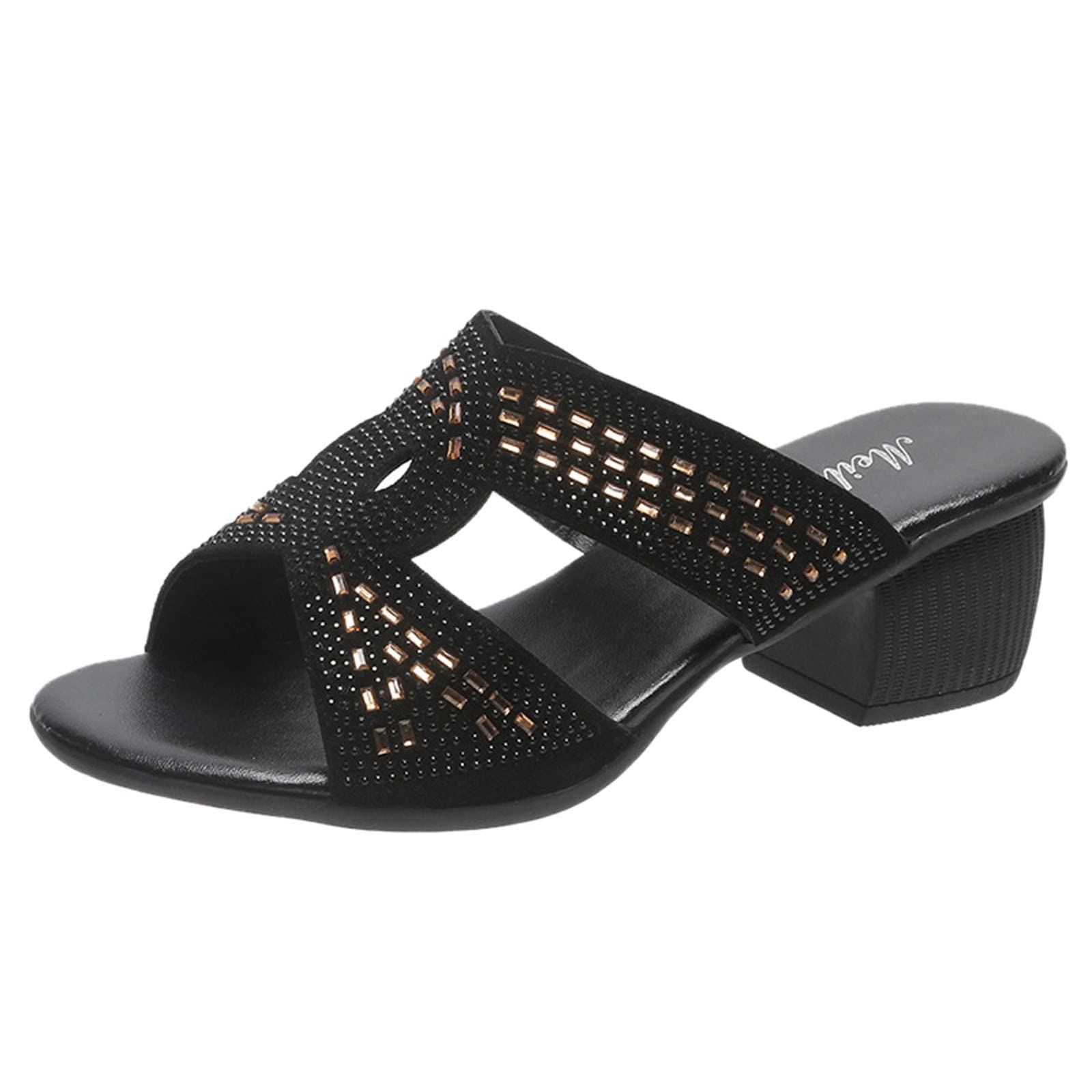 Women's Rhinestone Peep Toe Slip-On Sandals with Chunky High Heels - Comfortable Closed Toe Wide Width Summer Shoes for Beach, Party & Casual Wear