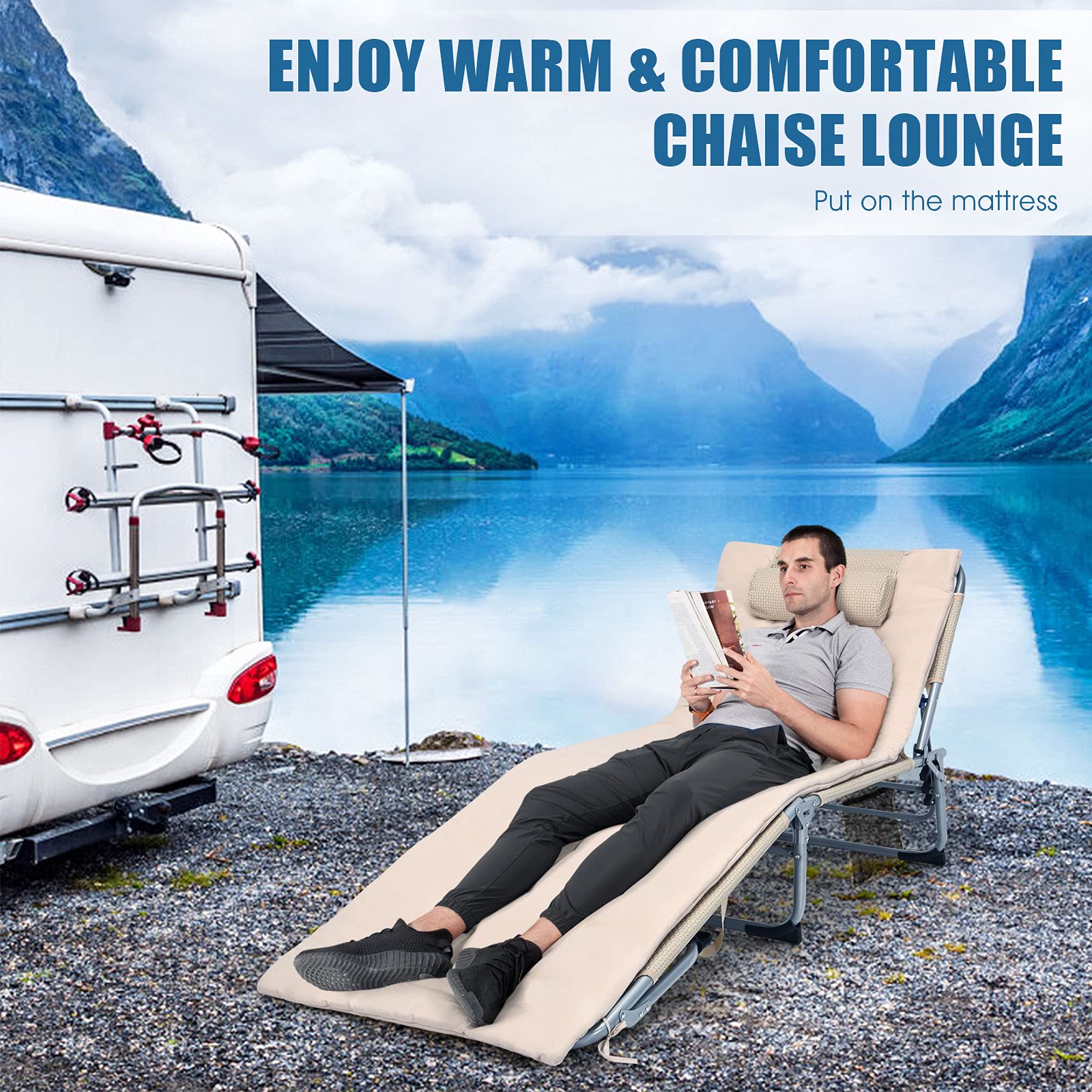 Giantex Adjustable Folding Chaise Lounge Chair with Mattress & Pillow - 4 Reclining Positions, Side Pocket - Perfect for Beach, Pool, Patio, Lawn, Deck & Camping (Beige, 2-Pack) - Ideal for Sunbathing, Relaxing & Outdoor Leisure