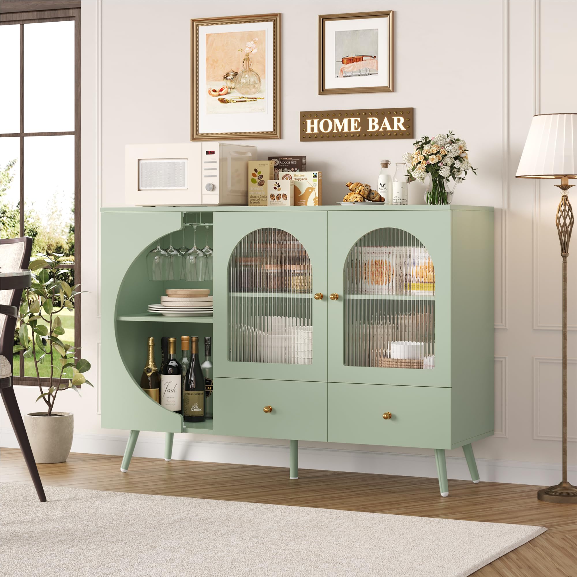 Coffee Bar Cabinet with 2 Drawers & Fluted Glass Door, Modern Buffet Sideboard for Kitchen & Living Room, Stylish Wine Bar Storage Solution, Green - Perfect for Entertaining & Home Decor
