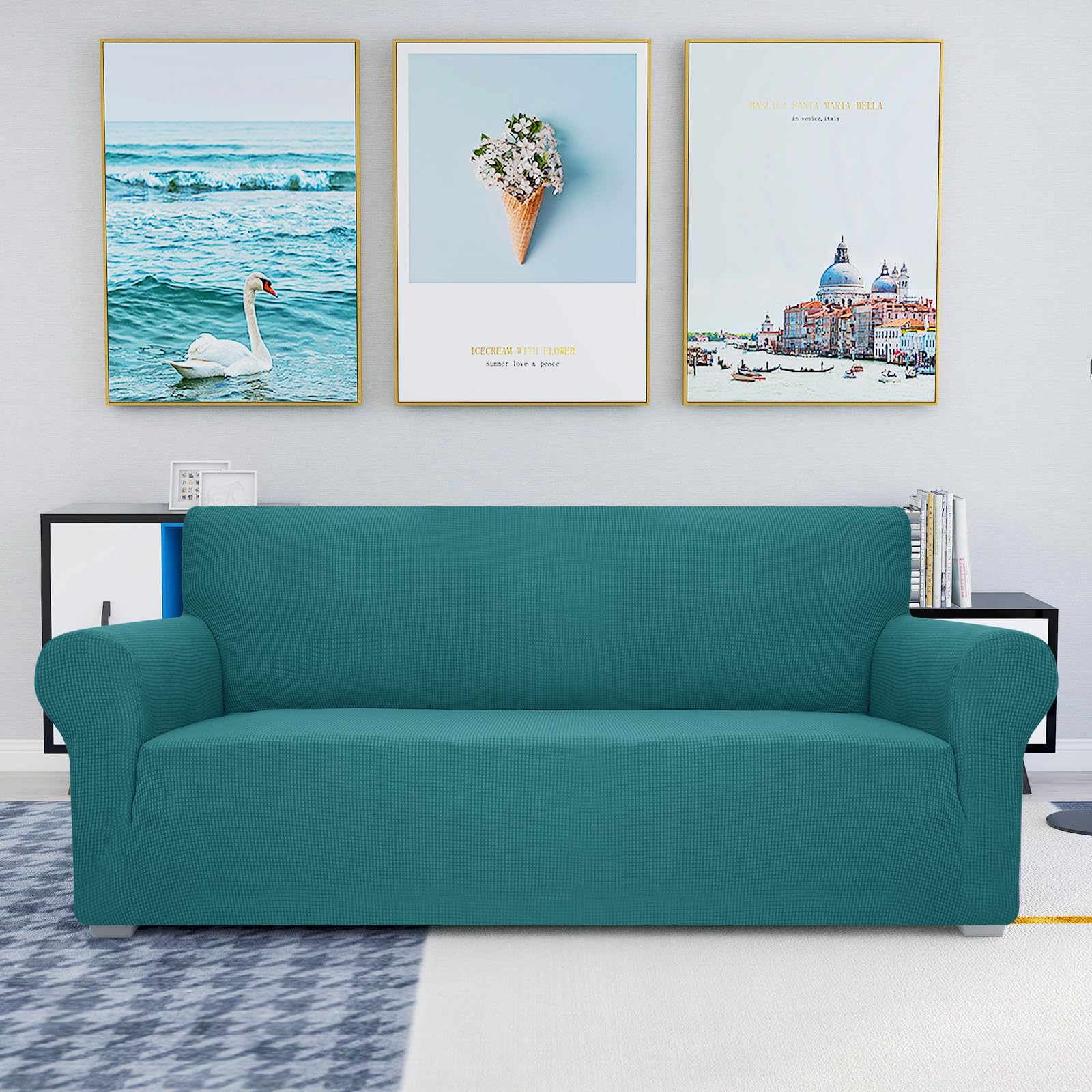 JIVINER Stretchable Jacquard Sofa Cover - 3 Cushion 1-Piece Elastic Slipcover with Anti-Slip Bottom, Furniture Protector for Pets & Kids - Perfect for Living Room, Family Room (Blackish Green)