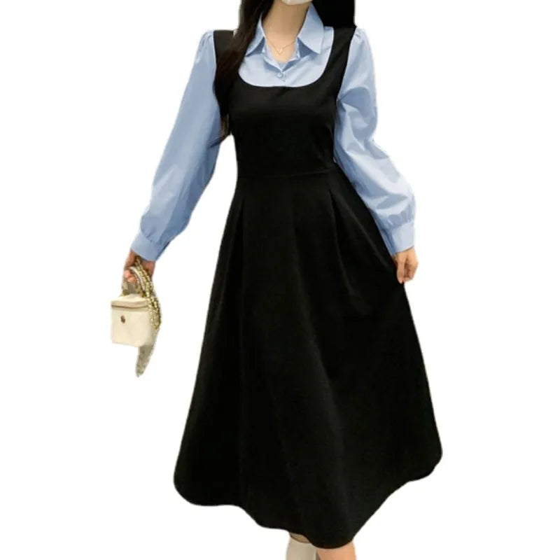 Korean Style Autumn Long Sleeve Polo Dress for Women - Loose Fit Kawaii Design Kpop Casual Black Dress | Perfect for School, Daily Wear & Street Fashion