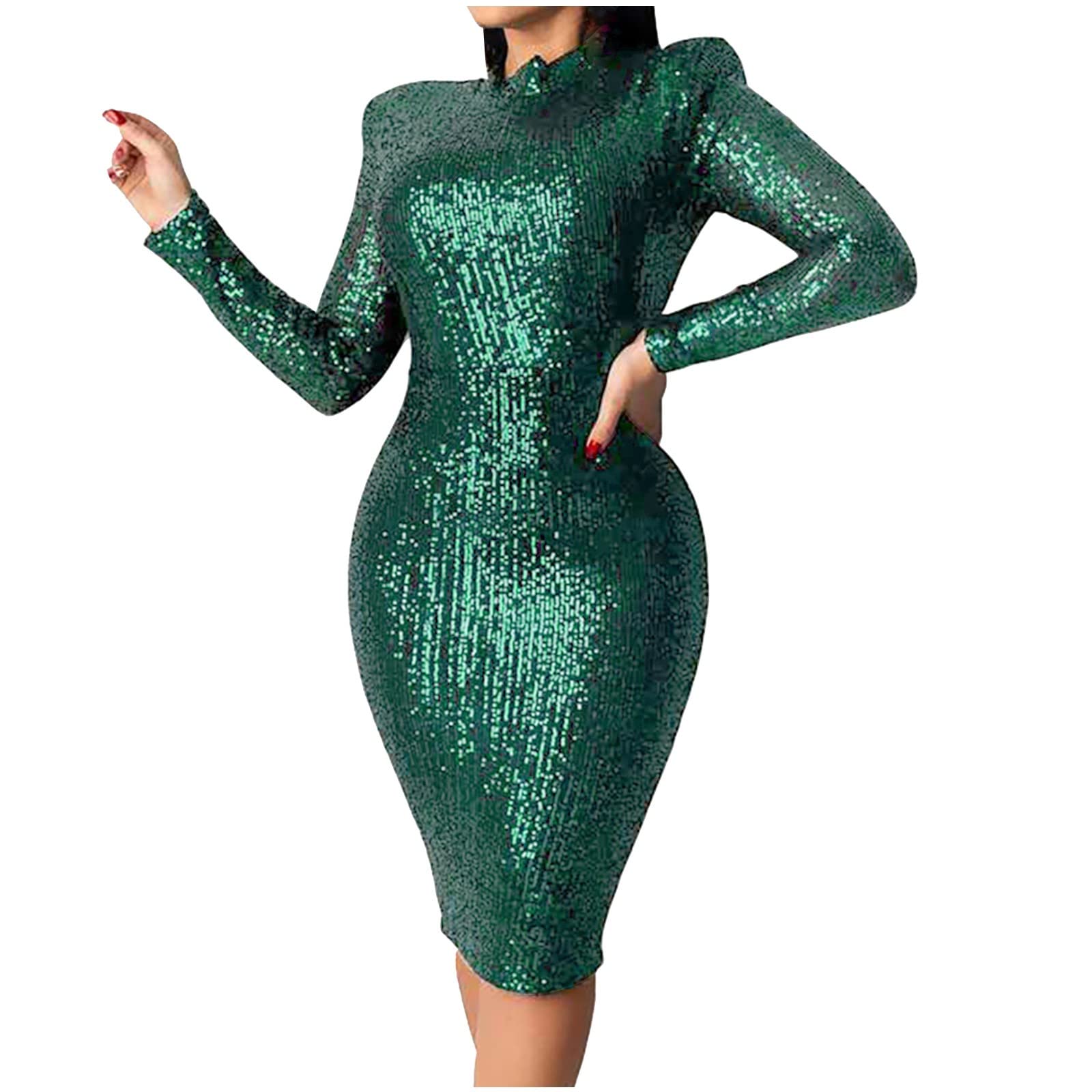 Elegant Women's Long Sleeve Midi Dress with Sequins - Solid Color Stylish Backless Party Dress for Evening Events, Date Nights & Special Occasions