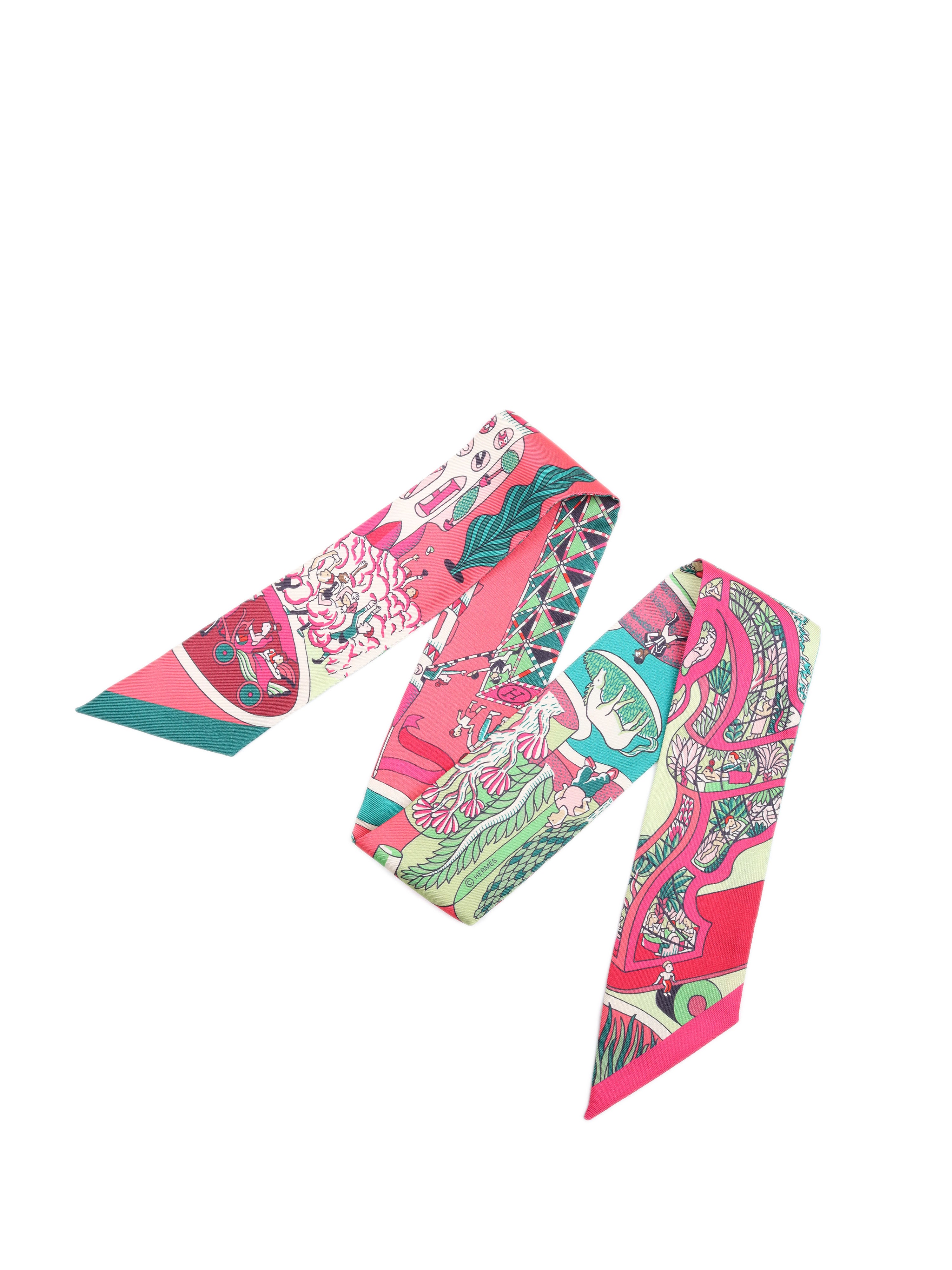 Hermes Silk Twilly Scarf - Pink and Green Floral Print - Luxury Fashion Accessory for Women - Perfect for Handbags, Hats & Gift Giving